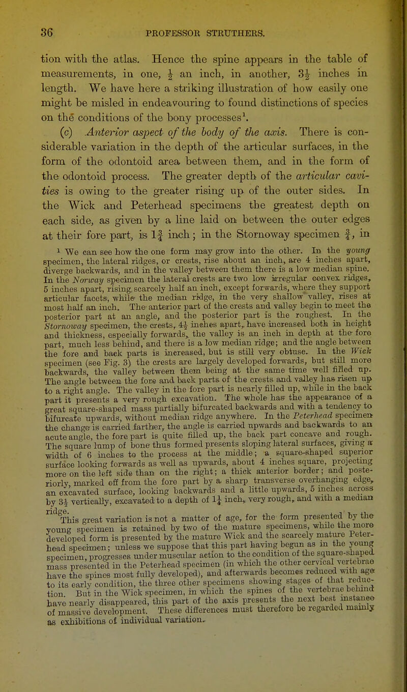 tion with the atlas. Hence the spine appears in the table of measurements, in one, | an inch, in another, 3| inches in length. We have here a striking illustration of how easily one might be misled in endeavouring to found distinctions of species on the conditions of the bony processes1. (c) Anterior aspect of the body of the axis. There is con- siderable variation in the depth of the articular surfaces, in the form of the odontoid area between them, and in the form of the odontoid process. The greater depth of the articular cavi- ties is owing to the greater rising up of the outer sides. In the Wick and Peterhead specimens the greatest depth on each side, as given by a line laid on between the outer edges at their fore part, is If inch; in the Stornoway specimen f, in 1 We can see how the one form may grow into the other. In the young specimen, the lateral ridges, or crests, rise about an inch, are 4 inches apart, diverge backwards, and in the valley between them there is a low median spine. In the Norway specimen the lateral crests are two low irregular convex ridges, 5 inches apart, rising scarcely half an inch, except forwards, where they support articular facets, while' the median ridge, in the very shallow' valley, rises at most half an inch. The' anterior part of the crests and valley begin to meet the posterior part at an angle, and the posterior part is the roughest. In the Stornoway specimen, the crests, 4£ inches apart,, have increased both in height and thickness, especially forwards,, the valley is an inch in depth at the- fore part, much less behind, and there is a low median ridge; and the angle between the fore and back parts is increased, but is still very obtuse. In the Wick specimen (see Fig. 3) the crests are largely developed forwards, but still more backwards, the valley between them being at the same time well filled up. The angle between the fore and back parts of the crests and. valley has risen up to a right angle. The valley in the fore part is nearly filled up, while in the back part it presents a very rough excavation. The whole has the appearance of a great square-shaped mass partially bifurcated backwards and with a tendency to bifurcate upwards, without median ridge anywhere. In the Peterhead specimen the change is earned farther, the angle is carried upwards and backwards to an acute angle, the fore part is quite filled up, the back part concave and rough. The square lump of bone thus formed presents sloping lateral surfaces, giving a width of 6 inches to the process at the middle; a square-shaped superior surface looking forwards as well as upwards, about 4 inches square, projecting more on the left side than on the right; a thick anterior border; and poste- riorly marked off from the fore part by a sharp transverse overhanging edge, an excavated surface, looking backwards and a little upwards, 5 inches across by Si vertically, excavated to a depth of inch* very rough, and with a median ndThis great variation is not a matter of age, for the form presented by the young specimen is retained by two of the mature specimens, while the more developed form is presented by the mature Wick and the scarcely mature Peter- head specimen; unless we suppose that this part having begun as m the young specimen, progresses under muscular action to the condition of the square-shaped, mass presented in the Peterhead specimen (in which the other cervical vertebrae have the spines most fully developed), and afterwards becomes reduced with age to its early condition, the three other specimens showing stages of that reduc- tion But in the Wick specimen, in which the spines of the vertebrae behind have nearly disappeared, this part of the axis presents the next best ^stance of massive development. These differences must therefore be regarded mainly as exhibitions of individual variation.