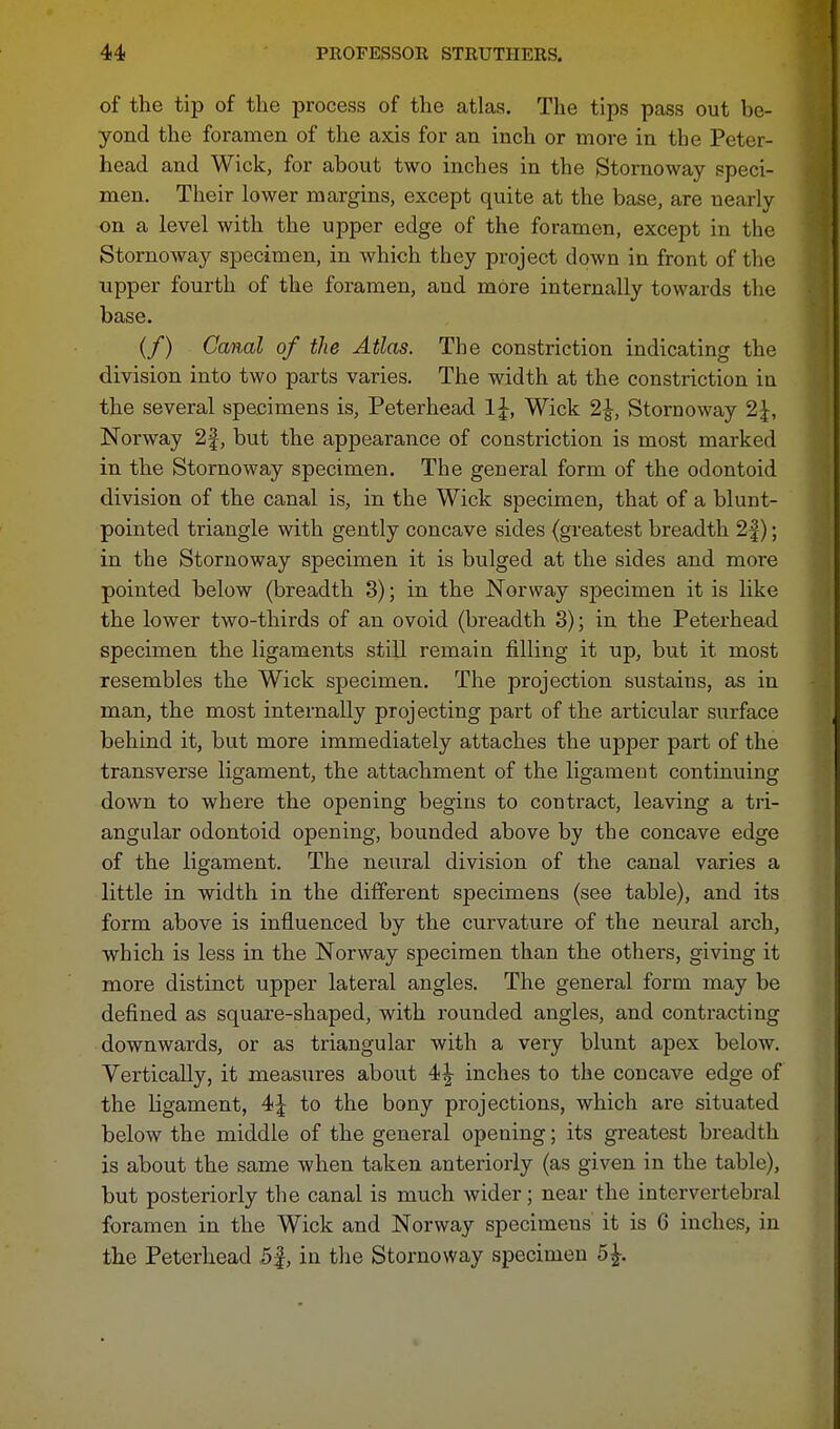 of the tip of the process of the atlas. The tips pass out be- yond the foramen of the axis for an inch or more in the Peter- head and Wick, for about two inches in the Stornoway speci- men. Their lower margins, except quite at the base, are nearly on a level with the upper edge of the foramen, except in the Stornoway specimen, in which they project down in front of the upper fourth of the foramen, and mOre internally towards the base. (/) Canal of the Atlas. The constriction indicating the division into two parts varies. The width at the constriction in the several specimens is, Peterhead l£, Wick 2|, Stornoway 2J, Norway 2§, but the appearance of constriction is most marked in the Stornoway specimen. The general form of the odontoid division of the canal is, in the Wick specimen, that of a blunt- pointed triangle with gently concave sides (greatest breadth 2f); in the Stornoway specimen it is bulged at the sides and moi'e pointed below (breadth 3); in the Norway specimen it is like the lower two-thirds of an ovoid (breadth 3); in the Peterhead specimen the ligaments still remain filling it up, but it most resembles the Wick specimen. The projection sustains, as in man, the most internally projecting part of the articular surface behind it, but more immediately attaches the upper part of the transverse ligament, the attachment of the ligament continuing down to where the opening begins to contract, leaving a tri- angular odontoid opening, bounded above by the concave edge of the ligament. The neural division of the canal varies a little in width in the different specimens (see table), and its form above is influenced by the curvature of the neural arch, which is less in the Norway specimen than the others, giving it more distinct upper lateral angles. The general form may be defined as square-shaped, with rounded angles, and contracting downwards, or as triangular with a very blunt apex below. Vertically, it measures about 4^- inches to the concave edge of the ligament, 4\ to the bony projections, which are situated below the middle of the general opening; its greatest breadth is about the same when taken anteriorly (as given in the table), but posteriorly the canal is much wider; near the intervertebral foramen in the Wick and Norway specimens it is 6 inches, in the Peterhead 5|, in the Stornoway specimen 5£,