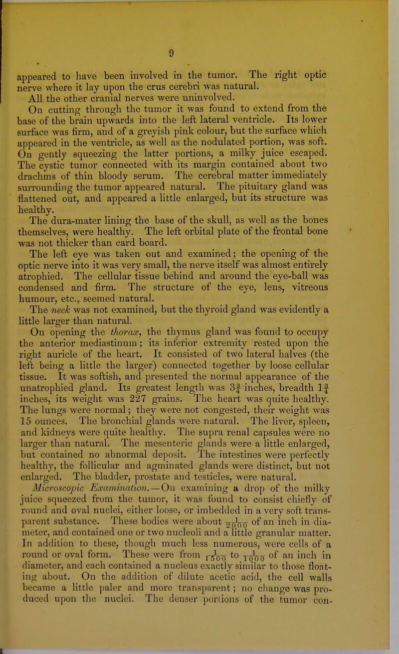 appeared to have been involved in the tumor. The right optic nerve where it lay upon the crus cerebri was natural. All the other cranial nerves were uninvolved. On cutting through the tumor it was found to extend from the base of the brain upwards into the left lateral ventricle. Its lower surface was firm, and of a greyish pink colour, but the surface which appeared in the ventricle, as well as the nodulated portion, was soft. On gently squeezing the latter portions, a milky juice escaped. The cystic tumor connected with its margin contained about two drachms of thin bloody serum. The cerebral matter immediately surrounding the tumor appeared natural. The pituitary gland was flattened out, and appeared a little enlarged, but its structure was healthy. The dura-mater lining the base of the skull, as well as the bones themselves, were healthy. The left orbital plate of the frontal bone was not thicker than card board. The left eye was taken out and examined; the opening of the optic nerve into it was very small, the nerve itself was almost entirely atrophied. The cellular tissue behind and around the eye-ball was condensed and firm. The structure of the eye, lens, vitreous humour, etc., seemed natural. The neck was not examined, but the thyroid gland was evidently a little larger than natural. On opening the thorax, the thymus gland was found to occupy the anterior mediastinum; its inferior extremity rested upon the right auricle of the heart. It consisted of two lateral halves (the left being a little the larger) connected together by loose cellular tissue. It was softish, and presented the normal appearance of the unatrophied gland. Its greatest length was 3f inches, breadth If inches, its weight was 227 grains. The heart was quite healthy. The lungs were normal; they were not congested, their weight was 15 ounces. The bronchial glands were natural. The liver, spleen, and kidneys were quite healthy. The supra renal capsules were no larger than natural. The mesenteric glands were a little enlarged, but contained no abnormal deposit. The intestines were perfectly healthy, the follicular and agminated glands were distinct, but not enlarged. The bladder, prostate and testicles, were natural. Microscopic Examination.—On examining a drop of the milky juice squeezed from the tumor, it was found to consist chiefly of round and oval nuclei, either loose, or imbedded in a very soft trans- parent substance. These bodies were about ^oW °f an mcn *n cua meter, and contained one or two nucleoli and a little granular matter. In addition to these, though much less numerous, were cells of a round or oval form. These were from j-^o to y^oo °^ an m<i\\ m diameter, and each contained a nucleus exactly similar to those float- ing about. On the addition of dilute acetic acid, the cell walls became a little paler and more transparent; no change was pro- duced upon the nuclei. The denser portions of the tumor con-