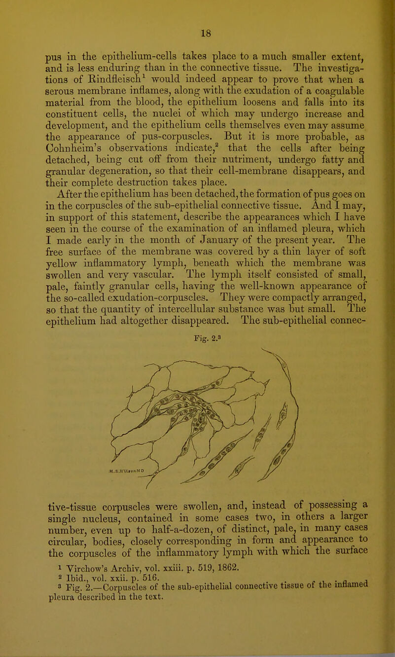 pus in the epithelium-cells takes place to a much smaller extent, and is less enduring than in the connective tissue. The investiga- tions of Rindfleisch1 would indeed appear to prove that when a serous membrane inflames, along with the exudation of a coagulable material from the blood, the epithelium loosens and falls into its constituent cells, the nuclei of which may undergo increase and development, and the epithelium cells themselves even may assume the appearance of pus-corpuscles. But it is more probable, as Cohnheim's observations indicate,2 that the cells after being detached, being cut off from their nutriment, undergo fatty and granular degeneration, so that their cell-membrane disappears, and their complete destruction takes place. After the epithelium has been detached, the formation of pus goes on in the corpuscles of the sub-epithelial connective tissue. And I may, in support of this statement, describe the appearances which I have seen in the course of the examination of an inflamed pleura, which I made early in the month of January of the present year. The free surface of the membrane was covered by a thin layer of soft yellow inflammatory lymph, beneath which the membrane was swollen and very vascular. The lymph itself consisted of small, pale, faintly granular cells, having the well-known appearance of the so-called exudation-corpuscles. They were compactly arranged, so that the quantity of intercellular substance was but small. The epithelium had altogether disappeared. The sub-epithelial connec- Fig. 2.3 tive-tissue corpuscles were swollen, and, instead of possessing a single nucleus, contained in some cases two, in others a larger number, even up to half-a-dozen, of distinct, pale, in many cases circular, bodies, closely corresponding in form and appearance to the corpuscles of the inflammatory lymph with which the surface 1 Virchow's Archiv, vol. xxiii. p. 519, 1862. 2 Ibid., vol. xxii. p. 516. . 8 Fig. 2.—Corpuscles of the sub-epithelial connective tissue of the intiamea pleura described in the text.