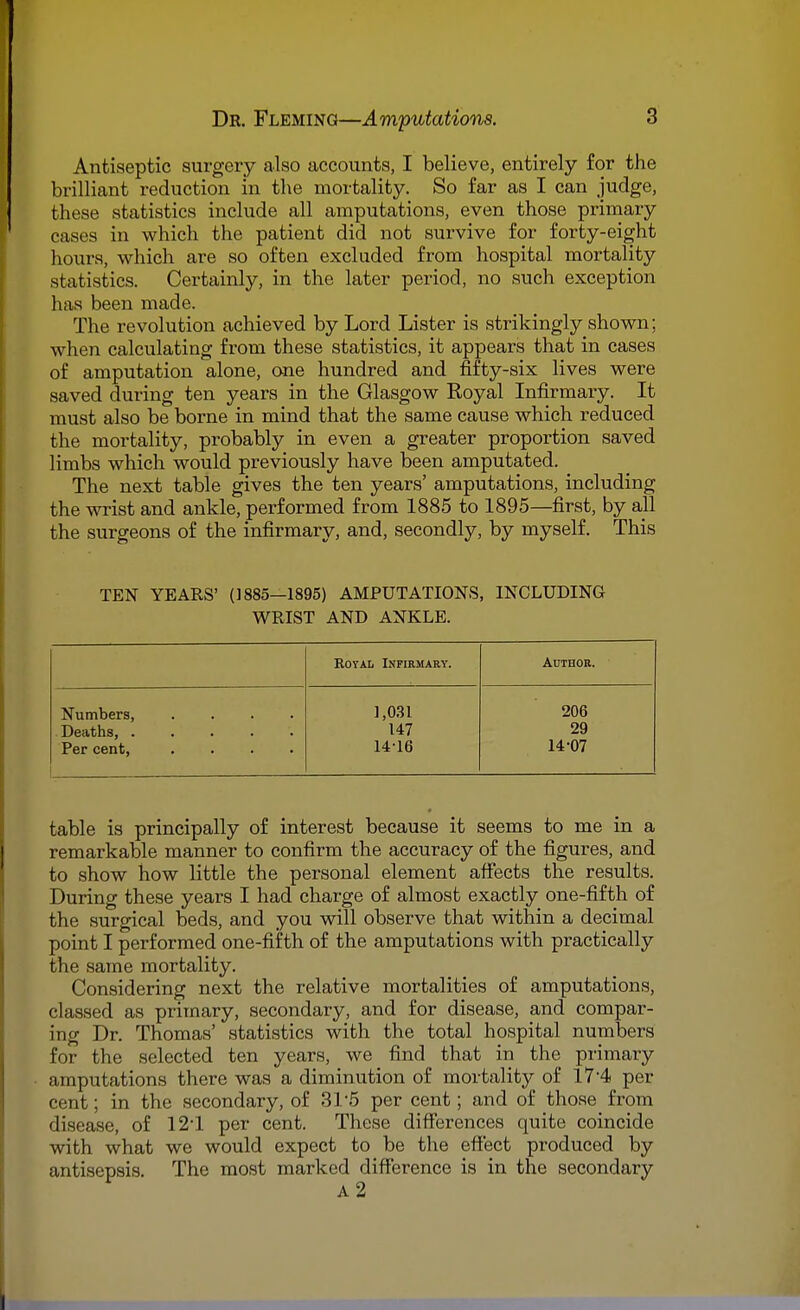 Antiseptic surgery also accounts, I believe, entirely for the brilliant reduction in the mortality. So far as I can judge, these statistics include all amputations, even those primary cases in which the patient did not survive for forty-eight hours, which are so often excluded from hospital mortality statistics. Certainly, in the later period, no such exception has been made. The revolution achieved by Lord Lister is strikingly shown; when calculating from these statistics, it appears that in cases of amputation alone, one hundred and fifty-six lives were saved during ten years in the Glasgow Royal Infirmary. It must also be borne in mind that the same cause which reduced the mortality, probably in even a greater proportion saved limbs which would previously have been amputated. The next table gives the ten years' amputations, including the wrist and ankle, performed from 1885 to 1895—first, by all the surgeons of the infirmary, and, secondly, by myself. This TEN YEARS' (1885—1895) AMPUTATIONS, INCLUDING WRIST AND ANKLE. Royal Infirmary. Author. Numbers 1,031 206 147 29 Per cent, .... 14-16 14-07 table is principally of interest because it seems to me in a remarkable manner to confirm the accuracy of the figures, and to show how little the personal element affects the results. During these years I had charge of almost exactly one-fifth of the surgical beds, and you will observe that within a decimal point I performed one-fifth of the amputations with practically the same mortality. Considering next the relative mortalities of amputations, classed as primary, secondary, and for disease, and compar- ing Dr. Thomas' statistics with the total hospital numbers for the selected ten years, we find that in the primary amputations there was a diminution of mortality of 17'4 per cent; in the secondary, of 315 per cent; and of those from disease, of 12*1 per cent. These differences quite coincide with what we would expect to be the effect produced by antisepsis. The most marked difference is in the secondary A2