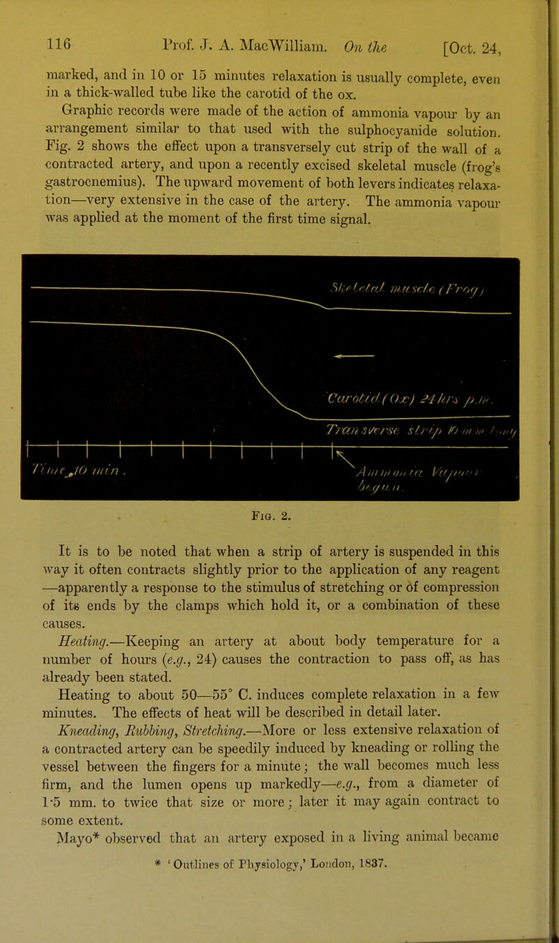 marked, and in 10 or 15 minutes relaxation is usually complete, even in a thick-walled tube like the carotid of the ox. Graphic records were made of the action of ammonia vapour by an arrangement similar to that used with the sulphocyanide solution. Fig. 2 shows the effect upon a transversely cut strip of the wall of a contracted artery, and upon a recently excised skeletal muscle (frog's gastrocnemius). The upward movement of both levers indicates relaxa- tion—very extensive in the case of the artery. The ammonia vapour was applied at the moment of the first time signal. Fig. 2. It is to be noted that when a strip of artery is suspended in this way it often contracts slightly prior to the application of any reagent —apparently a response to the stimulus of stretching or of compression of its ends by the clamps which hold it, or a combination of these causes. Heating.—Keeping an artery at about body temperature for a number of hours [e.g., 24) causes the contraction to pass off, as has already been stated. Heating to about 50—55° C. induces complete relaxation in a few minutes. The effects of heat will be described in detail later. Kneading, Rubbing, Stretching.—More or less extensive relaxation of a contracted artery can be speedily induced by kneading or rolling the vessel between the fingers for a minute; the wall becomes much less firm, and the lumen opens up markedly—e.g., from a diameter of 1-5 mm. to twice that size or more; later it may again contract to some extent. Mayo* observed that an artery exposed in a living animal became * ' Outlines of Physiology,' London, 1837.