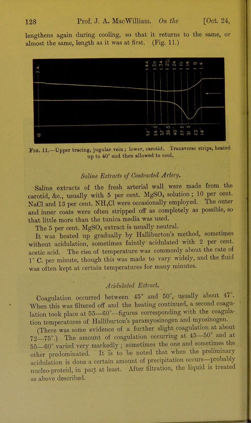 lengthens again during cooling, so that it returns to the same, or almost the same, length as it was at first. (Fig. 11.) Q\ * C> •* .j, * o <*. m io N nj i - ~ ^ s m O n <f FlG. 11.—Upper tracing, jugular Tein ; lower, carotid. Transverse strips, heated up to 40° and then allowed to cool. Saline Extracts of Contracted Artery. Saline extracts of the fresh arterial wall were made from the carotid, &c, usually with 5 per cent. MgS04 solution; 10 per cent. NaCl and 13 per cent. NH4C1 were occasionally employed. The outer and inner coats were often stripped off as completely as possible, so that little more than the tunica media was used. The 5 per cent. MgS04 extract is usually neutral. It was heated up gradually by Halliburton's method, sometimes without acidulation, sometimes faintly acidulated with 2 per cent, acetic acid. The rise of temperature was commonly about the rate of 1° C. per minute, though this was made to vary widely, and the fluid was often kept at certain temperatures for many minutes. Acidulated Extract. Coagulation occurred between 45° and 50°, usually about 47°. When this was filtered off and the heating continued, a second coagu- lation took place at 55—60°—figures corresponding with the coagula- tion temperatures of Halliburton's paramyosinogen and myosmogen. (There was some evidence of a further slight coagulation at about 72—75°.) The amount of coagulation occurring at 45—50° and at 55_60° varied very markedly j sometimes the one and sometimes the other predominated. It is to be noted that when the preliminary acidulation is done a certain amount of precipitation occurs—probably nucleo-proteid, in part at least. After filtration, the liquid is treated as above described.