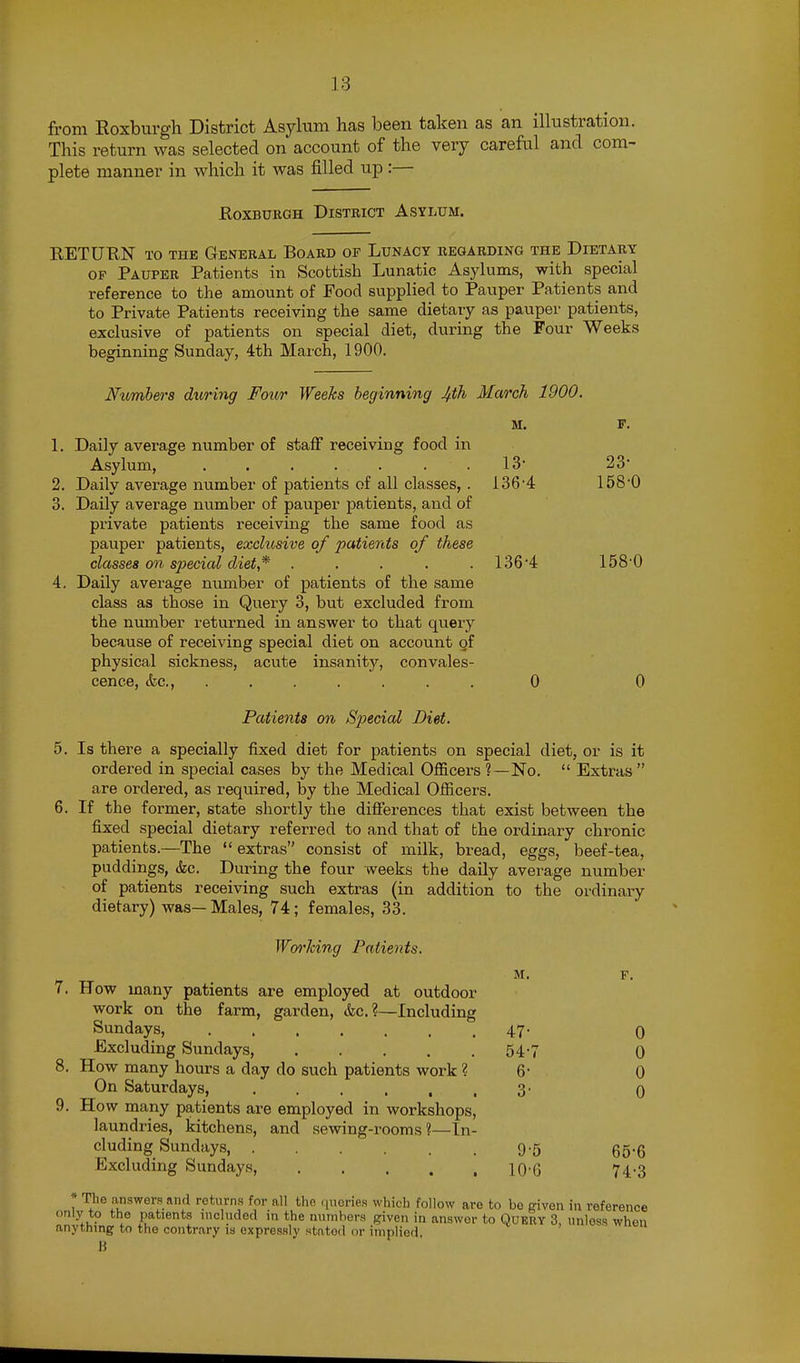 from Roxburgh District Asylum has been taken as an illustration. This return was selected on account of the very careful and com- plete manner in which it was filled up :—■ RoxBUKGH District Asylum. RETURN TO THE General Board of Lunacy regarbing the Dietary OF Pauper Patients in Scottish Lunatic Asylums, with special reference to the amount of Food supplied to Pauper Patients and to Private Patients receiving the same dietary as pauper patients, exclusive of patients on special diet, during the Four Weeks beginning Sunday, 4th March, 1900. Nvmbers during Four Weeks beginning Jfth March 1900. M, F. 1. Daily average number of staff receiving food in Asylum, . . . . . . . 13' 23' 2. Daily average number of patients of all classes,. 136'4 158*0 3. Daily average number of pauper patients, and of private patients receiving the same food as pauper patients, exclusive of patients of these classes on special diet,* . . . . . 136*4 1580 4. Daily average number of patients of the same class as those in Query 3, but excluded from the number returned in answer to that query because of receiving special diet on account of physical sickness, acute insanity, convales- cence, (fee, ....... 0 0 Patients on Special Diet. 5. Is there a specially fixed diet for patients on special diet, or is it ordered in special cases by the Medical Officers ?—No.  Extras  are ordered, as required, by the Medical Officers. 6. If the former, state shortly the differences that exist between the fixed special dietary referred to and that of the ordinary chronic patients.—The extras consist of milk, bread, eggs, beef-tea, puddings, &c. During the four weeks the daily average number of patients receiving such extras (in addition to the ordinary dietary) was— Males, 74; females, 33. Wm'hing Patients. M. 7. How many patients are employed at outdoor work on the farm, garden, &c.?—Including Sundays, ....... 47- 0 Excluding Sundays, 54-7 o 8. How many hours a day do such patients work ? 6- 0 On Saturdays, 3- 0 9. How many patients are employed in workshops, laundries, kitchens, and sewing-rooms?—In- cluding Sundays, 9-5 65.6 Excluding Sundays lO'G 74-3 * The answers and returns for all the qneries which follow are to be given in reference only to the patients included in the numbers given in answer to QuKRY 3, unless when anything to the contrary is expressly stated or implied. B
