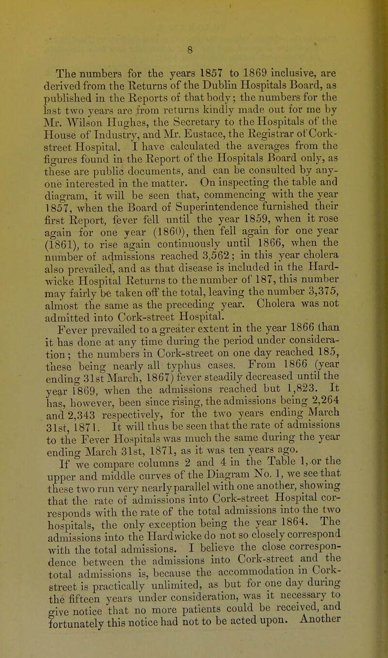 The numbers for the years 1857 to 1869 inclusive, are derived from the Returns of the Dublin Hospitals Board, as published in the Reports of that body; the numbers for the last two years are from returns kindly made out for me by Mr. Wilson Hughes, the Secretary to the Hospitals of the House of Industry, and Mr. Eustace, the Registrar otCork- street Hospital. I have calculated the averages from the figures found in the Report of the Hospitals Board only, as these are public documents, and can be consulted by any- one interested in the matter. On inspecting the table and diagram, it will be seen that, commencing with the year 1857, when the Board of Superintendence furnished their first Report, fever fell until the year 1859, when it rose again for one year (1860), then fell again for one year (1861), to rise again continuously until 1866, when the number of admissions reached 3,562; in this year cholera also prevailed', and as that disease is included in the Hard- wicke Hospital Returns to the number of 187, this number may fairly be taken off the total, leaving the number 3,375, almost the same as the preceding year. Cholera was not admitted into Cork-street Hospital. Fever prevailed to a greater extent in the year 1866 than it has done at any time during the period under considera- tion ; the numbers in Cork-street on one day reached 185, these being nearly all typhus cases. From 1866 (year ending 31st March, 1867) fever steadily decreased until the year 1869, when the admissions reached but 1,823. It has, however, been since rising, the admissions being 2,264 and 2,343 respectively, for the two years ending March 31st, 1871. It will thus be seen that the rate of admissions to the Fever Hospitals was much the same during the year ending March 31st, 1871, as it was ten years ago. If we compare columns 2 and 4 in the Table l,.or the upper and middle curves of the Diagram No. 1, we see that these two run very nearly parallel with one another, showing that the rate of admissions into Cork-street Hospital cor- responds with the rate of the total admissions into the two hospitals, the only exception being the year 1864. The admissions into the Hardwicke do not so closely correspond with the total admissions, I believe the close correspon- dence between the admissions into Cork-street and the total admissions is, because the accommodation in Cork- street is practically unlimited, as but for one day durmg the fifteen years under consideration, was it necessary to give notice that no more patients could be received, and fortunately this notice had not to be acted upon. Another