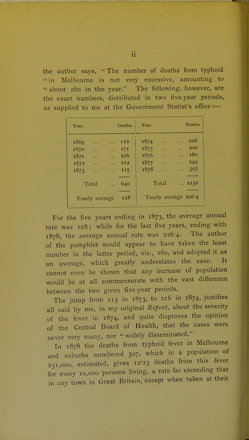 the author says,  The number of deaths from typhoid  in Melbourne is not very excessive, amounting to  about 160 in the year. The following, however, are the exact numbers, distributed in two five-year periods, as supplied to me at the Government Statist's office:— Year. Deaths. Year. Deaths. 1869 Il6 1874 - ... 2l6 1870 171 187S ... 200 1871 126 1876 ... ... 160 1872 112 1877 ... ••• 249 1873 5 1878 ... - 307 Total 640 Total ... 1132 Yearly average 128 Yearly average 226-4 For the five years ending in 1873, the average annual rate was 128 ; while for the last five years, ending with 1878, the average annual rate was 226-4. The author of the pamphlet would appear to have taken the least number in the latter period, viz., 160, and adopted it as an average, which greatly understates the case. It cannot even be shown that any increase of population would be at all commensurate with the vast difference between the two given five-year periods. The jump from 115 in 1873, to 216 in 1874, justifies all said by me, in my original Report, about the severity of the fever in 1874, and quite disproves the opinion of the Central Board of Health, that the cases were never very many, nor  widely disseminated. In 1878 the deaths from typhoid fever in Melbourne and suburbs numbered 3°7> which in a population of 251,000, estimated, gives 12-23 deaths from this fever for every 10,000 persons living, a rate far exceeding that in any town in Great Britain, except when taken at their