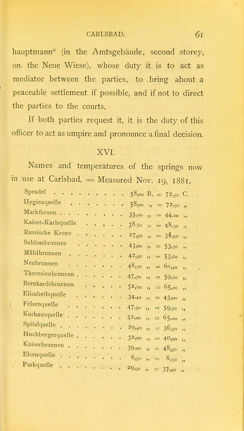 hauptmann (in the Amtsgebaude, second storey, on the Neue Wiese), whose duty it is to act as mediator between the parties, to bring about a peaceable settlement if possible, and if not to direct the parties to the courts. If both parties request it, it is the duty of this officer to act as umpire and pronounce a final decision. XVI. Names and temperatures of the springs now in use at Carlsbad. = Measured Nov. 19, 1881. Marktbrunn Schlossbrunnen Miihlbrunnen . Neubrunnen Theresienbiunnen Bernhardsbrunnen Kaiserbrunnen Eisenquelle . 58,00 R. 72,so C. 58,00 » 72,so >j 35»2o 44,oo ,, 38.60 48,30 ,) 27,8° 3i8o 43,00 » 53,3o » 42,90 53,6o 48,30 >• 60,40 >> 47,70 > > 59,6o » 52,20 65,20 34,4° 43,oo 59,7o 52,oo 65.00 29,40 36,30 32,00 >> 4°,oo » 39,oo n 48,80 6,8o >• 8,50 29,9o )■> 37,40 >»