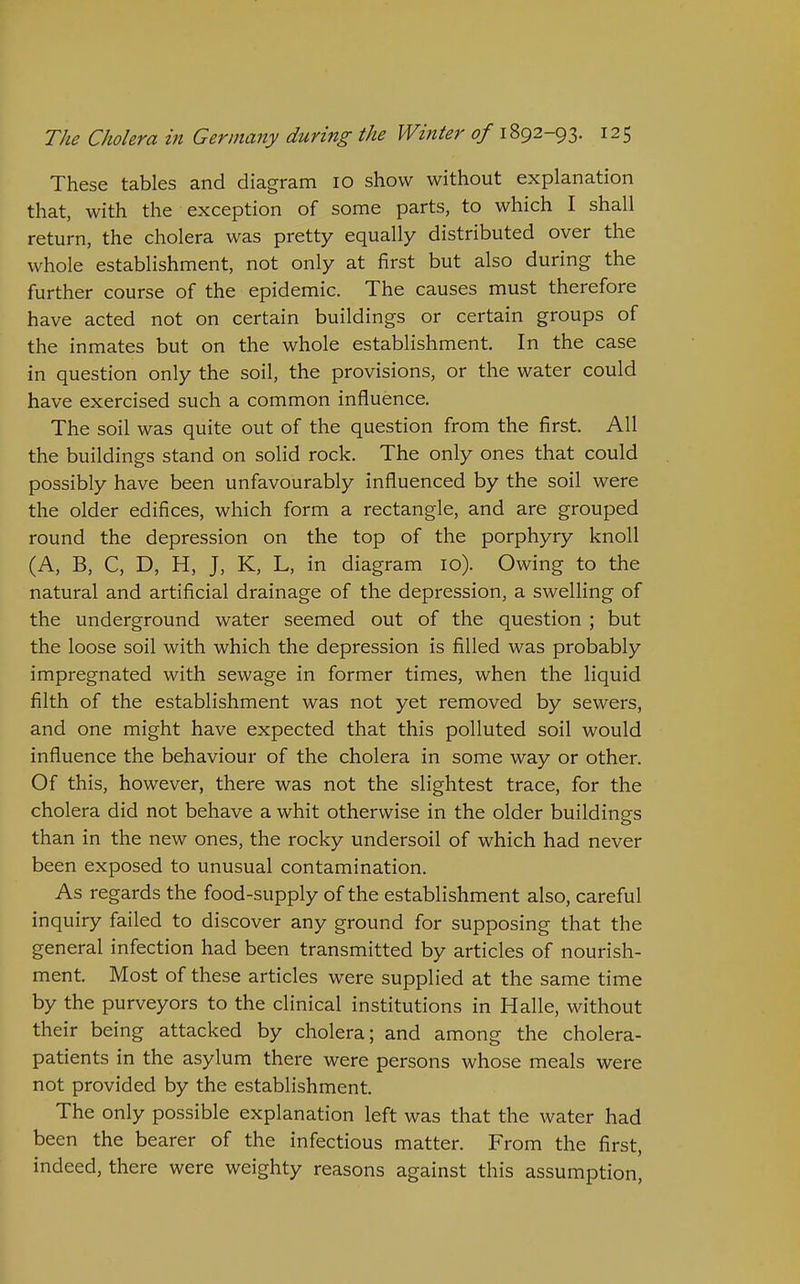 These tables and diagram 10 show without explanation that, with the exception of some parts, to which I shall return, the cholera was pretty equally distributed over the whole establishment, not only at first but also during the further course of the epidemic. The causes must therefore have acted not on certain buildings or certain groups of the inmates but on the whole establishment. In the case in question only the soil, the provisions, or the water could have exercised such a common influence. The soil was quite out of the question from the first. All the buildings stand on solid rock. The only ones that could possibly have been unfavourably influenced by the soil were the older edifices, which form a rectangle, and are grouped round the depression on the top of the porphyry knoll (A, B, C, D, H, J, K, L, in diagram 10). Owing to the natural and artificial drainage of the depression, a swelling of the underground water seemed out of the question ; but the loose soil with which the depression is filled was probably impregnated with sewage in former times, when the liquid filth of the establishment was not yet removed by sewers, and one might have expected that this polluted soil would influence the behaviour of the cholera in some way or other. Of this, however, there was not the slightest trace, for the cholera did not behave a whit otherwise in the older buildings than in the new ones, the rocky undersoil of which had never been exposed to unusual contamination. As regards the food-supply of the establishment also, careful inquiry failed to discover any ground for supposing that the general infection had been transmitted by articles of nourish- ment. Most of these articles were supplied at the same time by the purveyors to the clinical institutions in Halle, without their being attacked by cholera; and among the cholera- patients in the asylum there were persons whose meals were not provided by the establishment. The only possible explanation left was that the water had been the bearer of the infectious matter. From the first, indeed, there were weighty reasons against this assumption.