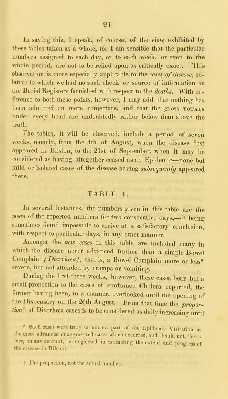 In saying- this, I speak, of course, of the view exhibited by these tables taken as a whole, for I am sensible that the particular numbers assigned to each day, or to each week, or even to the whole period, are not to be relied upon as critically exact. This observation is more especially applicable to the cases of disease, re- lative to which we had no such check or source of information as the Burial Registers furnished with respect to the deaths. With re- ference to both these points, however, I may add that nothing- has been admitted on mere conjecture, and that the gross totals under every head are undoubtedly rather below than above the truth. The tables, it will be observed, include a period of seven weeks, namely, from the 4th of August, when the disease first appeared in Bilston, to the 21st of September, when it may be considered as having altogether ceased as an Epidemic—none but mild or isolated cases of the disease having subsequently appeared there. TABLE 1 In several instances, the numbers given in this table are the mean of the reported numbers for two consecutive days,—it being sometimes found impossible to arrive at a satisfactory conclusion, with respect to particular days, in any other manner. Amongst the new cases in this table are included many in which the disease never advanced further than a simple Bowel Complaint (DiarrhceaJ, that is, a Bowel Complaint more or less* severe, but not attended by cramps or vomiting. During the first three weeks, however, these cases bear but a small proportion to the cases of confirmed Cholera reported, the former having been, in a manner, overlooked until the opening of the Dispensary on the 26th August. From that time the propor- tionf of Diarrhoea cases is to be considered as daily increasing until * Such cases were truly as much a part of the Epidemic Visitation as the more advanced or aggravated cases which occurred, and should not, there- fore, on any account, be neglected in estimating the extent and progress of the disease in Bilston. f The proportion, not the actual number.