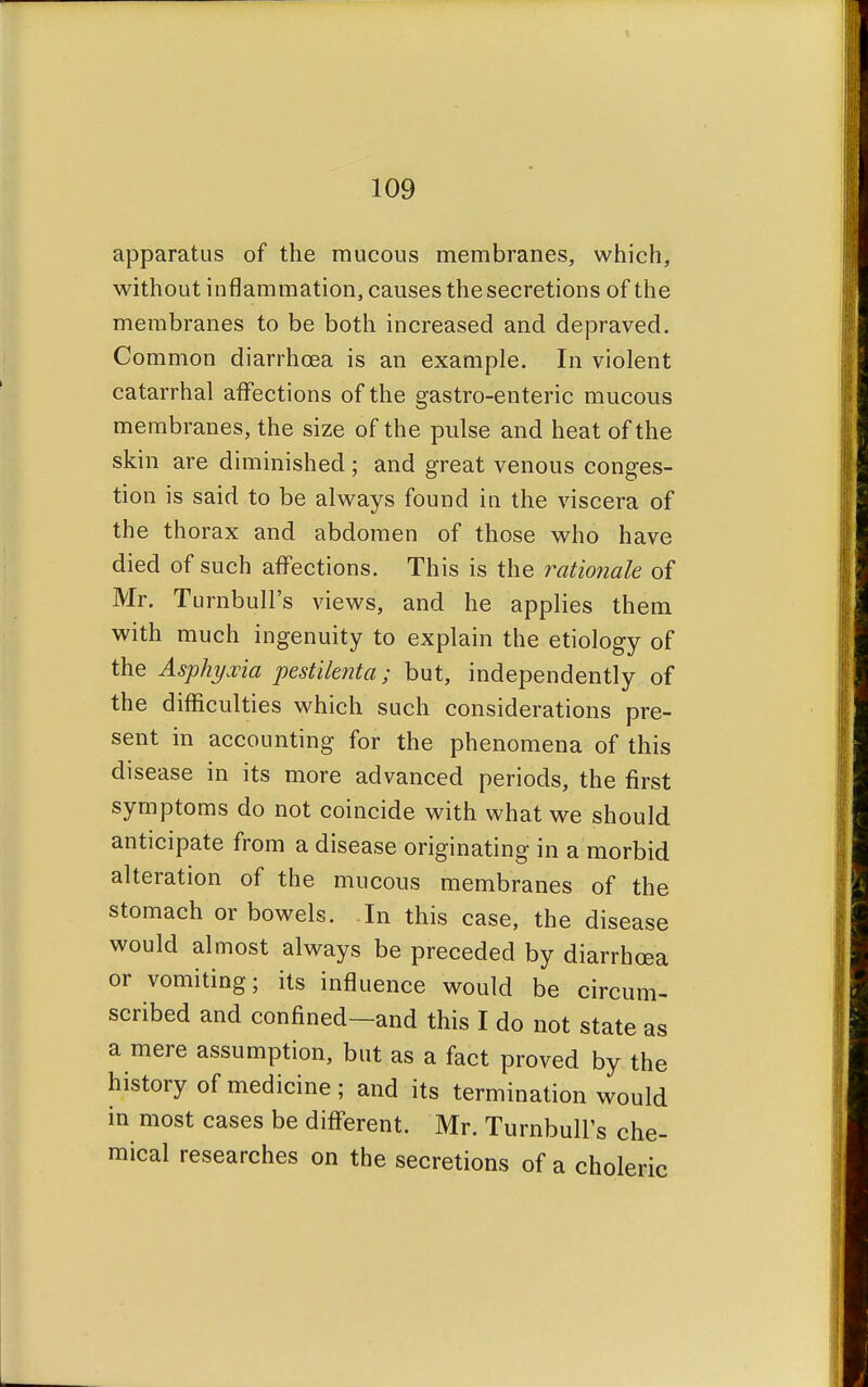 apparatus of the mucous membranes, which, without inflammation, causes the secretions of the membranes to be both increased and depraved. Common diarrhoea is an example. In violent catarrhal affections of the gastro-enteric mucous membranes, the size of the pulse and heat of the skin are diminished; and great venous conges- tion is said to be always found in the viscera of the thorax and abdomen of those who have died of such affections. This is the rationale of Mr. Turnbull's views, and he applies them with much ingenuity to explain the etiology of the Asphyxia pestilent a ; but, independently of the difficulties which such considerations pre- sent in accounting for the phenomena of this disease in its more advanced periods, the first symptoms do not coincide with what we should anticipate from a disease originating in a morbid alteration of the mucous membranes of the stomach or bowels. In this case, the disease would almost always be preceded by diarrhoea or vomiting; its influence would be circum- scribed and confined—and this I do not state as a mere assumption, but as a fact proved by the history of medicine ; and its termination would in most cases be different. Mr. Turnbull's che- mical researches on the secretions of a choleric