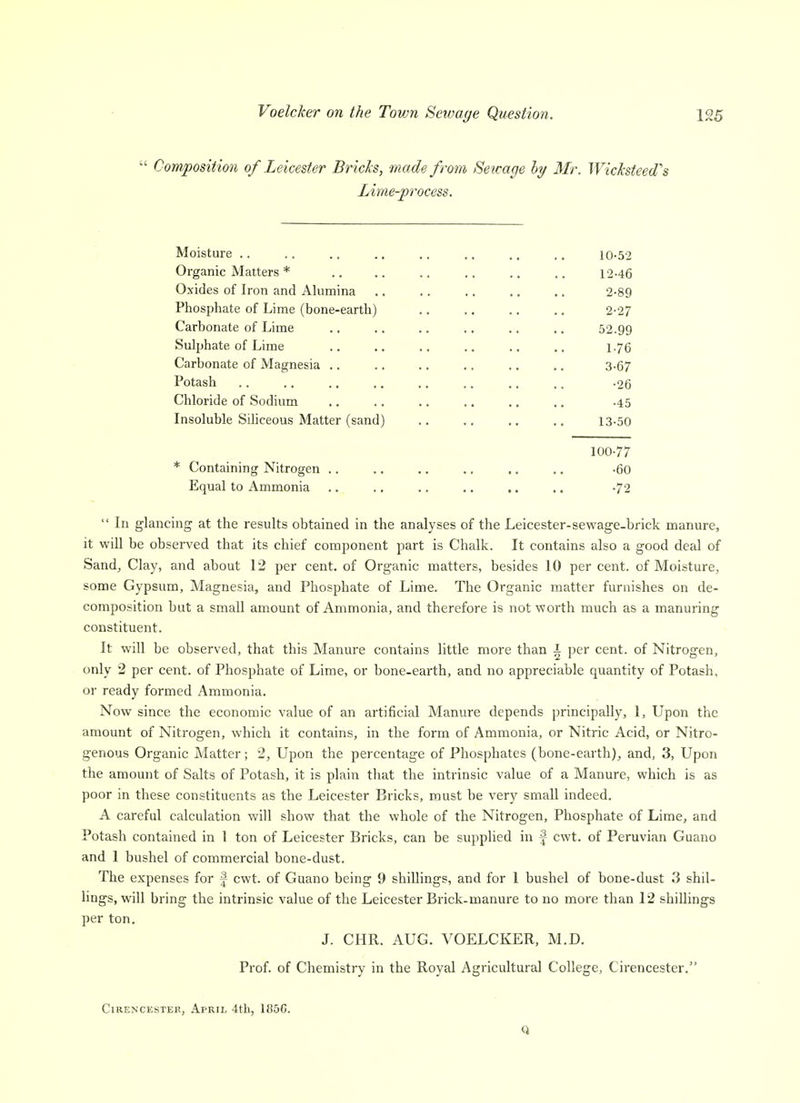 •' Composition of Leicester Brich, made from Sewage ly Mr. Wicksteed^s Lime-process. Moisture .. .. .. .. .. .. .. .. 10-52 Organic Matters * .. .. .. .. .. .. 12-46 Oxides of Iron and Alumina .. .. .. .. .. 2-89 Phosphate of Lime (bone-earth) 2-27 Carbonate of Lime .. .. .. .. .. .. 52.99 Sulphate of Lime .. .. .. .. .. .. 1.76 Carbonate of Magnesia .. .. .. .. .. .. 3.67 Potash .. .. .. .. .. .. .. ,. -26 Chloride of Sodium ,. .. .. .. .. .. .45 Insoluble Sihceous Matter (sand) 13-50 100-77 * Containing Nitrogen .. ., .. .. .. .. -60 Equal to Ammonia .. .. .. .. ., .. .72  In glancing at the results obtained in the analyses of the Leicester-sewage-brick manure, it will be observed that its chief component part is Chalk. It contains also a good deal of Sand, Clay, and about 12 per cent, of Organic matters, besides 10 percent, of Moisture, some Gypsum, Magnesia, and Phosphate of Lime. The Organic matter furnishes on de- composition but a small amount of Ammonia, and therefore is not worth much as a manuring constituent. It will be observed, that this Manure contains little more than ^ j)er cent, of Nitrogen, only 2 per cent, of Phosphate of Lime, or bone-earth, and no appreciable quantity of Potash, or ready formed Ammonia. Now since the economic value of an artificial Manure depends principally, 1, Upon the amount of Nitrogen, which it contains, in the form of Ammonia, or Nitric Acid, or Nitro- genous Organic Alatter; 2, Upon the percentage of Phosphates (bone-earth), and, 3, Upon the amount of Salts of Potash, it is plain that the intrinsic value of a Manure, which is as poor in these constituents as the Leicester Bricks, must be very small indeed. A careful calculation will show that the whole of the Nitrogen, Phosphate of Lime, and Potash contained in 1 ton of Leicester Bricks, can be supplied in | cwt. of Peruvian Guano and 1 bushel of commercial bone-dust. The expenses for f cwt. of Guano being 9 shillings, and for 1 bushel of bone-dust 3 shil- lings, will bring the intrinsic value of the Leicester Brick-manure to no more than 12 shillings per ton. J. CHR. AUG. VOELCKER, M.D. Prof, of Chemistry in the Royal Agricultural College, Cirencester. Cirencester, April 4tb, lf!5G. Q