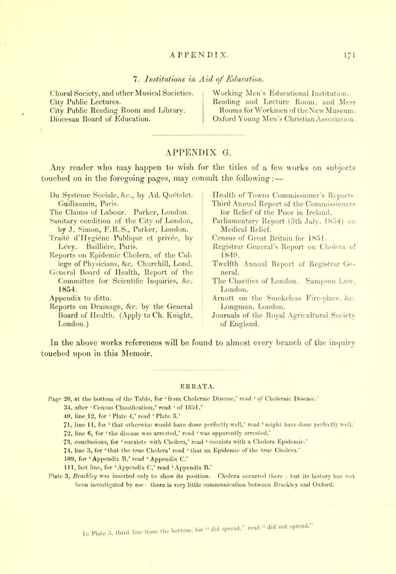 7. Institutions in Aid of Education. Clioral Society, and other Musical Societies. City Public Lectures. City Public Reading Room and Library. Diocesan Board of Education. Working Men's Educational Institution. Reading and Lecture Room, and Mess Rooms for Workmen of theNewMuseum. Oxford Young Men's Christian Association. APPENDIX G. Any reader who may happen to wi.sh for the titles of a few works on subjects touched on in the foregoing pages, may consult the following: — Du Systeme Sociale, &c., by Ad. Quetelet. Guillaumin, Paris. The Claims of Labour. Parker, London. Sanitary condition of the City of London, by J. Simon, F.R.S., Parker, London. Traite d'llygiene Publique et privee, by Levy. Bailliere, Paris. Reports on Epidemic Cholera, of the Col- lege of Physicians, &c. Churchill, Lond. General Board of Health, Report of the Committee for Scientific Inquiries, &c. 1854. Appendix to ditto. Reports on Drainage, &c. by the General Board of Health. (Apply to Ch. Knight, London.) Health of Towns Commissioner's Reports. Third Annual Report of the Commissioners for Relief of the Poor in Ireland. Parliamentary Report (.5th Julv, 1S.')4) on Medical Relief. Census of Great Britain for 18.)!. Registrar General's Report on Cholera of 1S49. Twelfth Annual Report of Registrar Ge- neral. The Charities of London. Sam])son Low, London. Arnott on the Smokeless Fire-place, i'kc. Longman, London. Journals of the Royal Agricultural Society of England. In the above works references will be found to almost every branch of the iiKjuiry touched upon in this Memoir, ERRATA. Pa^p 28, at the bottom of the Table, for 'from Choleraic Disease,' read ' of Choleraic Disease. 34, after 'Census Classification,' read ' of 1851.' 40, line.12, for ' Plate 4,' read ' Plate 3.' 71, line 11, for 'that otherwise would have done perfectly well, read 'might have done perfectly well.' 72, line 6, for 'the disease was arrested, read 'was apparently arrested. 73, conclusions, for ' coexists with Cholera,' read ' coexists with a Cholera Epidemic' 74, Une 3, for ' that the true Cholera' read ' that an Epidemic of the true Cholera.' 109, for 'Appendix B,' read 'Appendix C. Ill, last line, for 'Appendix C,' read 'Appendix B. Plate 3, BracMey was inserted only to show its position. Cholera occurred tliere ; but its history has not been investigated by me : there ia very little communication between Brackley and Oxford. Ill Plate 3, third line iVoiii Hie bottom, for  did sprc ad.' read  did not spread.'