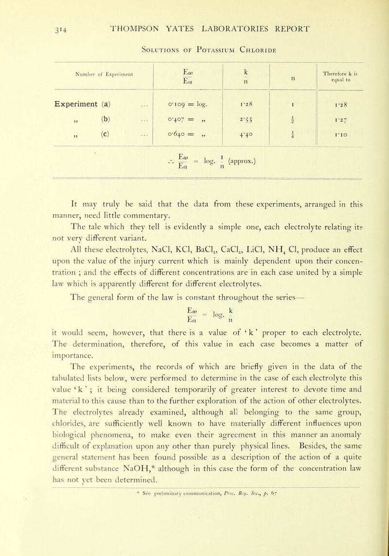 Solutions of Potassium Chloride Number of Experiment Em Ea k 11 n Therefore k is equal to Experiment (a) 0-109 = log. 1-28 1 1-28 (b) 0-407 = 1 2 1-27 (c) 0-640 = 4-40 1 4 no ••• r=r- = log. - (approx.) i^a n It may truly be said that the data from these experiments, arranged in this manner, need little commentary. The tale which they tell is evidently a simple one, each electrolyte relating it? not very different variant. All these electrolytes, NaCl, KC1, BaCl2, CaCl2, LiCl, NH4 CI, produce an effect upon the value of the injury current which is mainly dependent upon their concen- tration ; and the effects of different concentrations are in each case united by a simple law which is apparently different for different electrolytes. The general form of the law is constant throughout the series— it would seem, however, that there is a value of ' k' proper to each electrolyte. The determination, therefore, of this value in each case becomes a matter of importance. The experiments, the records of which are briefly given in the data of the tabulated lists below, were performed to determine in the case of each electrolyte this value c k ' ; it being considered temporarily of greater interest to devote time and material to this cause than to the further exploration of the action of other electrolytes. The electrolytes already examined, although all belonging to the same group, chlorides, are sufficiently well known to have materially different influences upon biological phenomena, to make even their agreement in this manner an anomaly difficult of explanation upon any other than purely physical lines. Besides, the same general statement has been found possible as a description of the action of a quite different substance NaOH,* although in this case the form of the concentration law has not yet been determined. * See preliminary communication, Proc. Roy. Soc, p. 67