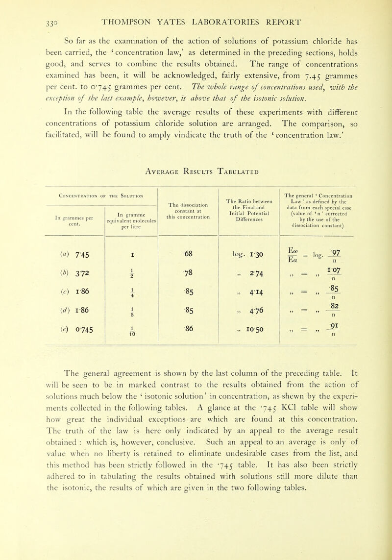 33° So far as the examination of the action of solutions of potassium chloride has been carried, the ' concentration law,' as determined in the preceding sections, holds good, and serves to combine the results obtained. The range of concentrations examined has been, it will be acknowledged, fairly extensive, from 7.45 grammes per cent, to 0*745 grammes per cent. The whole range of concentrations used, with the exception of the last example, however, is above that of the isotonic solution. In the following table the average results of these experiments with different concentrations of potassium chloride solution are arranged. The comparison, so facilitated, will be found to amply vindicate the truth of the ' concentration law.' Average Results Tabulated Concentration of the Solution The dissociation constant at this concentration The Ratio between The general ' Concentration Law ' as denned by the In grammes per cent. In gramme equivalent molecules per litre the Final and Initial Potential Differences data from each special case (value of 'n' corrected by the use of the dissociation constant) (a) 745 I •68 log. 130 Ea °g n (*) 372 1 2 78 » 274 •>» — 77 I 07 n (c) 186 1 4 85 » 414 ?? 77 85 n (d) 186 1 5 •85 » 476 77 •82 n ifi) 0745 1 10 •86 „ 1050 1» 77 •91 n The general agreement is shown by the last column of the preceding table. It will be seen to be in marked contrast to the results obtained from the action of solutions much below the ' isotonic solution' in concentration, as shewn by the experi- ments collected in the following tables. A glance at the '745 KC1 table will show how great the individual exceptions are which are found at this concentration. The truth of the law is here only indicated by an appeal to the average result obtained : which is, however, conclusive. Such an appeal to an average is only of value when no liberty is retained to eliminate undesirable cases from the list, and this method has been strictly followed in the -745 table. It has also been strictly adhered to in tabulating the results obtained with solutions still more dilute than the isotonic, the results of which are given in the two following tables.