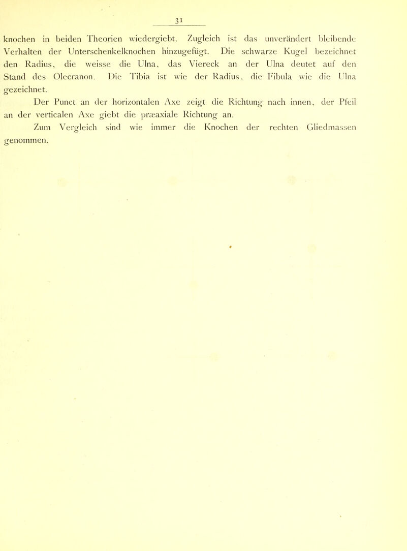 knochen in beiden Theorien wiedergiebt. Zugleich ist das unverändert bleibende Verhalten der Unterschenkelknochen hinzugefügt. Die schwarze Kugel bezeichnet den Radius, die weisse die Ulna, das Viereck an der Ulna deutet auf den Stand des Olecranon. Die Tibia ist wie der Radius, die Fibula wie die Ulna bezeichnet. o Der Punct an der horizontalen Axe zeigt die Richtunc»' nach innen, der Pfeil an der verticalen Axe giebt die praiaxiale Richtung an. Zum Verfrleich sind wie immer die Knochen der rechten Gliedmassen »jenommen.