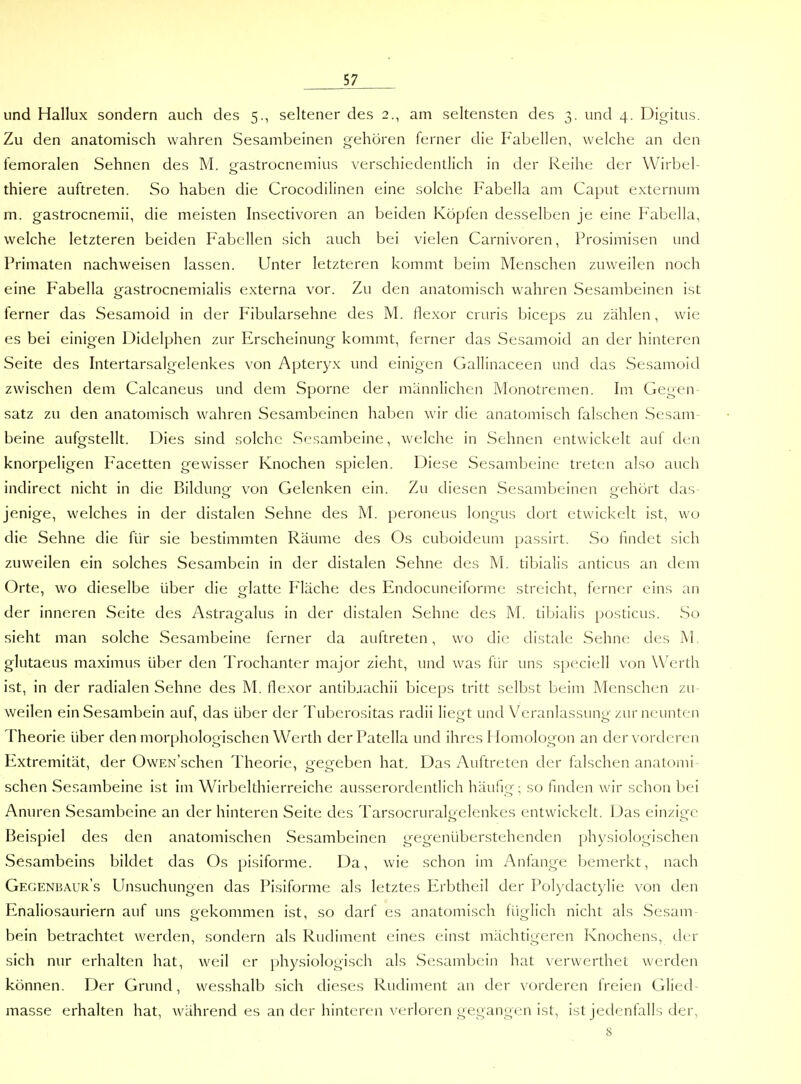 und Hallux sondern auch des 5., seltener des 2., am seltensten des 3. und 4. Digitus. Zu den anatomisch wahren Sesambeinen gehören ferner die Fabellen, welche an den femoralen Sehnen des M. gastrocnemius verschiedentlich in der Reihe der Wirbel- thiere auftreten. So haben die Crocodilinen eine solche Fabella am Caput externum m. gastrocnemii, die meisten Insectivoren an beiden Köpfen desselben je eine Fabella, welche letzteren beiden Fabellen sich auch bei vielen Carnivoren, Prosimisen und Primaten nachweisen lassen. Unter letzteren kommt beim Menschen zuweilen noch eine Fabella gastrocnemialis externa vor. Zu den anatomisch wahren Sesambeinen ist ferner das Sesamoid in der Fibularsehne des M. ilexor cruris biceps zu zählen, wie es bei einigen Didelphen zur Erscheinung kommt, ferner das Sesamoid an der hinteren Seite des Intertarsalgelenkes von Apteryx und einigen Gallinaceen und das Sesamoid zwischen dem Calcaneus und dem Sporne der männlichen Monotremen. Im Gegen^ satz zu den anatomisch wahren Sesambeinen haben wir die anatomisch falschen Sesam beine aufgstellt. Dies sind solche Sesambeine, welche in Sehnen entwickelt auf dc.-n knorpeligen Facetten gewisser Knochen spielen. Diese Sesambeine treten also auch indirect nicht in die Bildung von Gelenken ein. Zu diesen Sesambeinen gehört das- jenige, welches in der distalen Sehne des M. peroneus longus dort etwickelt ist, wo die Sehne die für sie bestimmten Räume des Os cuboideum passirt. So findet sich zuweilen ein solches Sesambein in der distalen Sehne des M. tibialis anticus an dem Orte, wo dieselbe über die glatte Fläche des Endocuneiforme streicht, ferner eins an der inneren Seite des Astragalus in der distalen Sehne des M. tibialis posticus. So sieht man solche Sesambeine ferner da auftreten, wo die distale Sehne des M glutaeus maximus über den Trochanter major zieht, und was für uns speciell von XVerth ist, in der radialen Sehne des M. flexor antibjachii biceps tritt selbst beim Menschen zu- weilen ein Sesambein auf, das über der Tuberositas radii lie^t und Veranlassuno-zur neunten Theorie über den morphologischen Werth der Patella und ihres Homologon an der vorderen Extremität, der OwEN'schen Theorie, gegeben hat. Das Auftreten der falschen anatomi- schen Sesambeine ist im Wirbelthierreiche ausserordendich häufig; so finden wir schon bei Anuren Sesambeine an der hinteren Seite des Tarsocruralgelenkes entwickelt. Das einzige Beispiel des den anatomischen Sesambeinen gegenüberstehenden physiologischen Sesambeins bildet das Os pisiforme. Da, wie schon im Anfange bemerkt, nach Gegenbaur's Unsuchungen das Pisiforme als letztes Erbtheil der Polydactylie von den Enaliosauriern auf uns gekommen ist, so darf es anatomisch füglich nicht als Sesam bein betrachtet werden, sondern als Rudiment eines einst mächtigeren Knochens, der sich nur erhalten hat, weil er physiologisch als Sesambein hat verwerthet werden können. Der Grund, wesshalb sich dieses Rudiment an der vorderen freien Glied- masse erhalten hat, während es an der hinteren verloren gegangen ist, ist jedenfalls der, 8