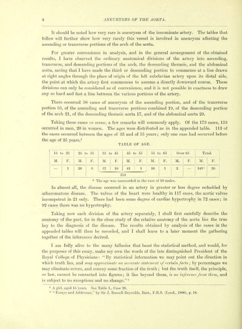 It should be noted how very rare is aneurysm of the innominate artery. The tables that follow will further show how very rarely this vessel is involved in aneurysm affecting the ascending or transverse portions of the arch of the aorta. For greater convenience in analysis, and in the general arrangement of the obtained results, I have observed the ordinary anatomical divisions of the artery into ascending, transverse, and descending portions of the arch, the descending thoracic, and the abdominal aorta, saving that I have made the third or descending portion to commence at a line drawn at right angles through the place of origin of the left subclavian artery upon its distal side, the point at which the artery first commences to assume a directly downward course. These divisions can only be considered as of convenience, and it is not possible in exactness to draw any so hard and fast a line between the various portions of the artery. There occurred 58 cases of aneurysm of the ascending portion, and of the transverse portion 35, of the ascending and transverse portions combined 19, of the descending portion of the arch 21, of the descending thoracic aorta 17, and of the abdominal aorta 23. Taking these cases en masse, a few remarks will commonly apply. Of the 173 cases, 153 occurred in men, 20 in women. The ages were distributed as in the appended table. 113 of the cases occurred between the ages of 35 and of 55 years; only one case had occurred before the age of 25 years.^ TABLE OF AGE. 15 to 25 25 to 35 35 to 45 45 to 55 55 to 65 Over 65 Total. M. F. M. F. M. F. M. 41 F. M. F. M. F. M. F. 1 26 3 57 10 5 16 1 2 148* 20 V 113 * The age was unrecorded in the case of 10 males. In almost all, the disease occurred in an artery in greater or less degree enfeebled by atheromatous disease. The valves of the heart were healthy in 117 cases, the aortic valves incompetent in 21 only. There had been some degree of cardiac hypertrophy in 72 cases; in 92 cases there was no hypertrophy. Taking now each division of the artery separately, I shall first carefully describe the anatomy of the part, for in the close study of the relative anatomy of the aorta lies the true key to the diagnosis of the disease. The results obtained by analysis of the cases in the appended tables will then be recorded, and I shall leave to a later moment the gathering together of the inferences derived. I am fully alive to the many fallacies that beset the statistical method, and would, for the purposes of this essay, make my own the words of the late distinguished President of the Eoyal College of Physicians: By statistical information we may point out the direction in which truth lies, and mai/ approximate an accurate statement of certain facts ; by percentages we may eliminate errors, and convey some fraction of the truth ; but the truth itself, the principle, or law, cannot be converted into figures; it lies beyond them, is an inference from them, and is subject to no exceptions and no change.- 1 A girl, aged 15 years. See Table I., Case 28. 2 Essays and Addresses, by Sir J. Russell Eeynolds, Bart., F.R.S. (Lond., 1896), p. 18.