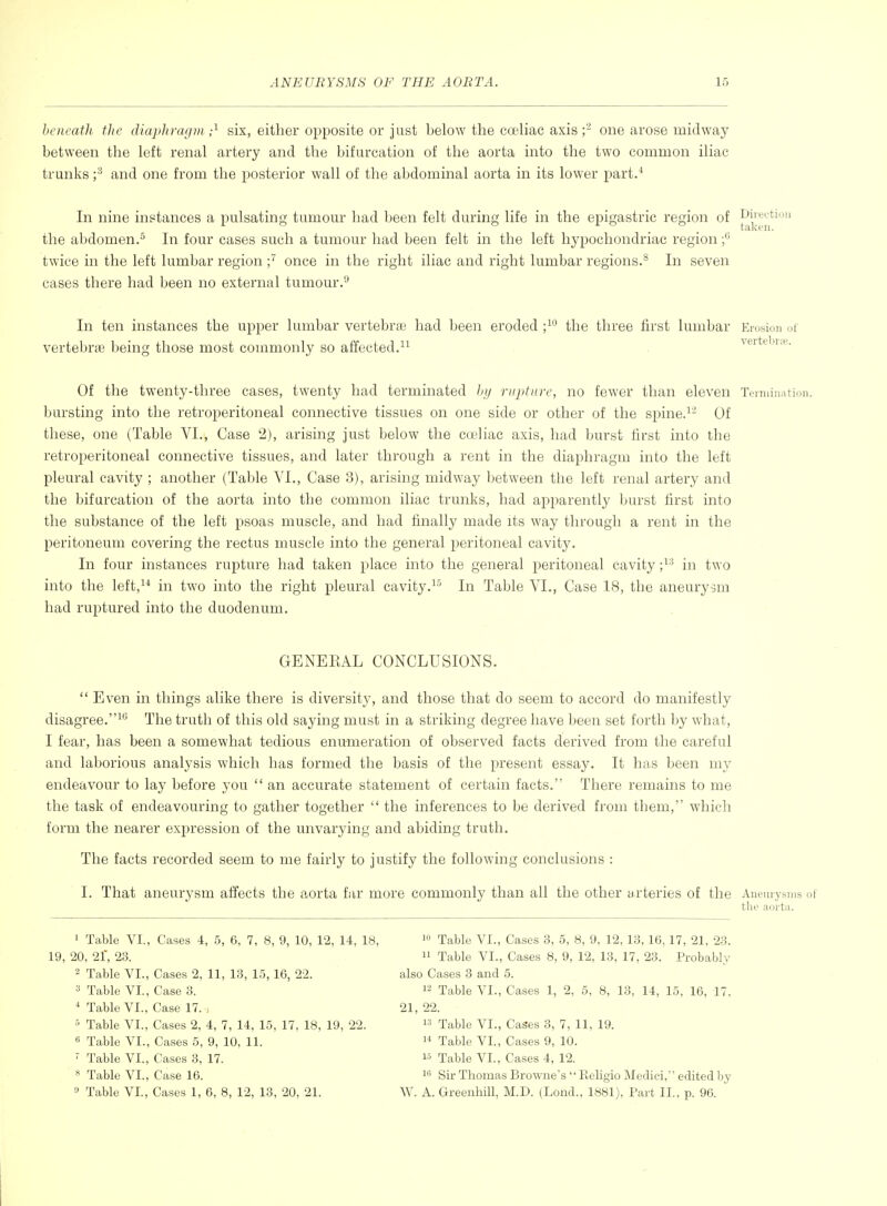 beneath the diaphragm;'^ six, either opposite or just below the celiac axis;- one arose midway between the left renal artery and the bifurcation of the aorta into the two common iliac trunks f and one from the posterior wall of the abdominal aorta in its lower part.* In nine inptances a pulsating tumour had been felt during life in the epigastric region of ^^^'^'^^^ the abdomen.^ In four cases such a tumour had been felt in the left hypochondriac region twice m the left lumbar region once in the right iliac and right lumbar regions.^ In seven cases there had been no external tumour. In ten instances the upper lumbar vertebrae had been eroded the three first lumbar Erosion of vertebriE being those most commonly so affected.veitebue. Of the twenty-three cases, twenty had terminated hy rupture, no fewer than eleven Termination, bursting into the retroperitoneal connective tissues on one side or other of the spine.''- Of these, one (Table VI., Case 2), arising just below the coeliac axis, had burst first into the retroperitoneal connective tissues, and later through a rent in the diaphragm into the left pleural cavity ; another (Table VI., Case 3), arising midway between the left renal artery and the bifurcation of the aorta into the common iliac trunks, had apparently burst first into the substance of the left psoas muscle, and had finally made its way through a rent in the peritoneum covering the rectus muscle into the general peritoneal cavity. In four instances rupture had taken place into the general peritoneal cavity in two into the left,^* in two into the right pleural cavity.In Table VI., Case 18, the aneurysm had ruptured into the duodenum. GENERAL CONCLUSIONS.  Even in things alike there is diversity, and those that do seem to accord do manifestly disagree.^ The truth of this old saying must in a striking degree have been set forth by what, I fear, has been a somewhat tedious enumeration of observed facts derived from the careful and laborious analysis which has formed the basis of the present essay. It has been my endeavour to lay before you  an accurate statement of certain facts. There remains to me the task of endeavouring to gather together  the inferences to be derived from them, which form the nearer expression of the unvarying and abiding truth. The facts recorded seem to me fairly to justify the following conclusions : I. That aneurysm affects the aorta far more commonly than all the other arteries of the Aneurysms of the aorta. 1 Table VI., Cases 4, 5, 6, 7, 8, 9, 10, 12, 14, 18, 19, 20, 21', 23. 2 Table VI., Cases 2, 11, 13, 15, 16, 22. 3 Table VI., Case 3. ' Table VI., Case 17. > 5 Table VI., Cases 2, 4, 7, 14, 15, 17, 18, 19, 22. « Table VI., Cases 5, 9, 10, 11. ' Table VI., Cases 3, 17. 8 Table VI., Case 16. Table VI., Cases 1, 6, 8, 12, 13, 20, 21. i» Table VI., Cases 8, 5, 8, 9, 12, 13, 16,17, 21, 23. 11 Table VI., Cases 8, 9, 12, 13, 17, 23. Probably also Cases 3 and 5. 12 Table VI., Cases 1, 2, 5, 8, 13, 14, 15, 16, 17, 21, 22. 13 Table VI., Cases 3, 7, 11, 19. i< Table VI., Cases 9, 10. 15 Table VI., Cases 4, 12. i Sir Thomas Browne's '' Eeligio Medici, edited by W. A. Greenhill, M.D. (Lond., 1881), Part IL. p. 96.
