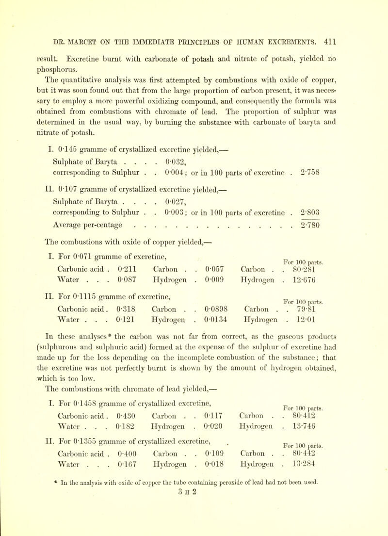 result. Excretine burnt with carbonate of potash and nitrate of potash, yielded no phosphorus. The quantitative analysis was first attempted by combustions with oxide of copper, but it was soon found out that from the large proportion of carbon present, it was neces- sary to employ a more powerful oxidizing compound, and consequently the formula was obtained from combustions with chromate of lead. The proportion of sulphur was determined in the usual way, by burning the substance with carbonate of baryta and nitrate of potash. I. 0*145 gramme of crystallized excretine yielded,— Sulphate of Baryta .... 0032, corresponding to Sulphur . . 0'004 ; or in 100 parts of excretine . 2*758 II. 0-107 gramme of crystallized excretine yielded,— Sulphate of Baryta .... 0-027, correspondmg to Sulphur . . 0*003; or in 100 parts of excretine . 2*803 Average per-centage 2*780 The combustions with oxide of copper yielded,— I. For 0*071 gramme of excretine, Carbonic acid . 0*211 Carbon . . 0*057 Carbon . Water . . . 0*087 Hydrogen . 0*009 Hydrogen II. For 0*1115 gramme of excretine, Carbonic acid. 0*318 Carbon . . 0*0898 Carbon . Water . . . 0*121 Hydrogen . 0*0134 Hydrogen For 100 parts. . 80*281 . 12*676 For 100 parts. . 79*81 . 12*01 In these analyses* the carbon was not far from correct, as the gaseous products (sulphurous and sulphuric acid) formed at the expense of the sulphur of excretine had made up for the loss depending on the incomplete combustion of the substance; that the excretine was not perfectly burnt is sho^^^l by the amount of hydrogen obtained, -which is too low. The combustions Avith chromate of lead yielded,— I. For 0*1458 gramme of crystalhzed excretine. Carbonic acid. 0*430 Carbon . . 0*117 Carbon . Water . . . 0*182 Hydrogen . 0*020 Hydi*ogen II. For 0*1355 gramme of crystallized excretine. Carbonic acid . 0*400 Carbon . . 0*109 Carbon . Water . . . 0*167 Hydi-ogen . 0*018 Hydrogen For 100 parts. . 80*412 . 13*746 For 100 parts. . 80*442 . 13*284 * In the analysis with oxide of copper the tube containing peroxide of lead had not been used. 3 n 2