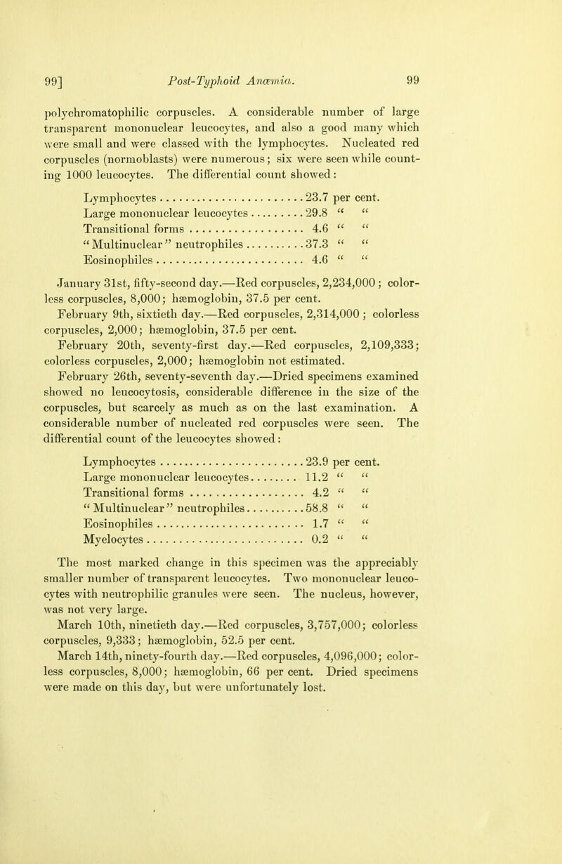 polychromatophilic corpuscles. A considerable number of large transparent mononuclear leucocytes, and also a good many which were small and were classed with the lymphocytes. Nucleated red corpuscles (normoblasts) were numerous; six were seen while count- ing 1000 leucocytes. The differential count showed : Lymphocytes 23.7 per cent. Large mononuclear leucocytes 29.8   Transitional forms 4.6    Multinuclear  neutrophiles 37.3   Eosinophiles 4.6   January 31st, fifty-second day.—Red corpuscles, 2,234,000 ; color- less corpuscles, 8,000; haemoglobin, 37.5 per cent. February 9th, sixtieth day.—Red corpuscles, 2,314,000 ; colorless corpuscles, 2,000; haemoglobin, 37.5 per cent. February 20th, seventy-first day.^-Red corpuscles, 2,109,333; colorless corpuscles, 2,000; haemoglobin not estimated. February 26th, seventy-seventh day.—Dried specimens examined showed no leucocytosis, considerable difference in the size of the corpuscles, but scarcely as much as on the last examination. A considerable number of nucleated red corpuscles were seen. The differential count of the leucocytes showed: Lymphocytes 23.9 per cent. Large mononuclear leucocytes 11.2   Transitional forms 4.2   Multinuclear neutrophiles 58.8   Eosinophiles 1.7   Myelocytes 0.2   The most marked change in this specimen was the appreciably smaller number of transparent leucocytes. Two mononuclear leuco- cytes with neutrophilic granules were seen. The nucleus, however, was not very large. March 10th, ninetieth day.—Red corpuscles, 3,757,000; colorless corpuscles, 9,333; haemoglobin, 52.5 per cent. March 14th, ninety-fourth day.—Red corpuscles, 4,096,000; color- less corpuscles, 8,000; haemoglobin, 66 per cent. Dried specimens were made on this day, but were unfortunately lost.