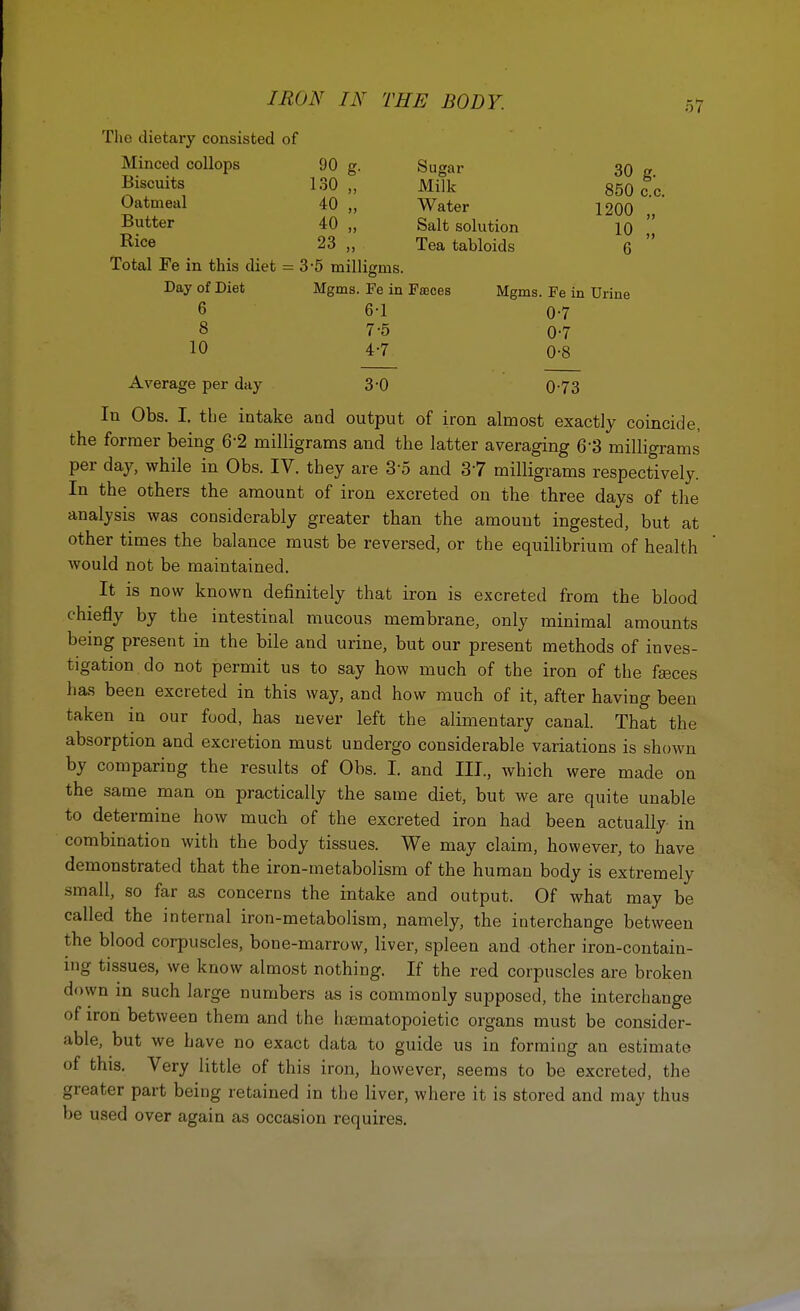 The dietary consisted of Minced collops 00 g. Sugar Biscuits 130 „ Milk Oatmeal 40 „ Water Butter 40 „ Salt solution Bice 23 „ Tea tabloids Total Fe in this diet = 3-5 milligms. Day of Diet Mgms. Fe in Faeces Mgms. Fe in Urine 6 6-1 0-7 8 7-5 0-7 10 4-7 0-8 30 g. 850 c.c. 1200 „ 10 „ G Average per day 3-0 0 7 3 In Obs. I. the intake and output of iron almost exactly coincide, the former being 6'2 milligrams and the latter averaging 63 milligrams per day, while in Obs. IV. they are 35 and 37 milligrams respectively. In the others the amount of iron excreted on the three days of the analysis was considerably greater than the amount ingested, but at other times the balance must be reversed, or the equilibrium of health would not be maintained. It is now known definitely that iron is excreted from the blood chiefly by the intestinal mucous membrane, only minimal amounts being present in the bile and urine, but our present methods of inves- tigation do not permit us to say how much of the iron of the fasces has been excreted in this way, and how much of it, after having been taken in our food, has never left the alimentary canal. That the absorption and excretion must undergo considerable variations is shown by comparing the results of Obs. I. and III., which were made on the same man on practically the same diet, but we are quite unable to determine how much of the excreted iron had been actually in combination with the body tissues. We may claim, however, to have demonstrated that the iron-metabolism of the human body is extremely •small, so far as concerns the intake and output. Of what may be called the internal iron-metabolism, namely, the interchange between the blood corpuscles, bone-marrow, liver, spleen and other iron-contain- ing tissues, we know almost nothing. If the red corpuscles are broken down in such large numbers as is commonly supposed, the interchange of iron between them and the haematopoietic organs must be consider- able, but we have no exact data to guide us in forming an estimate of this. Very little of this iron, however, seems to be excreted, the greater part being retained in the liver, where it is stored and may thus be used over again as occasion requires.