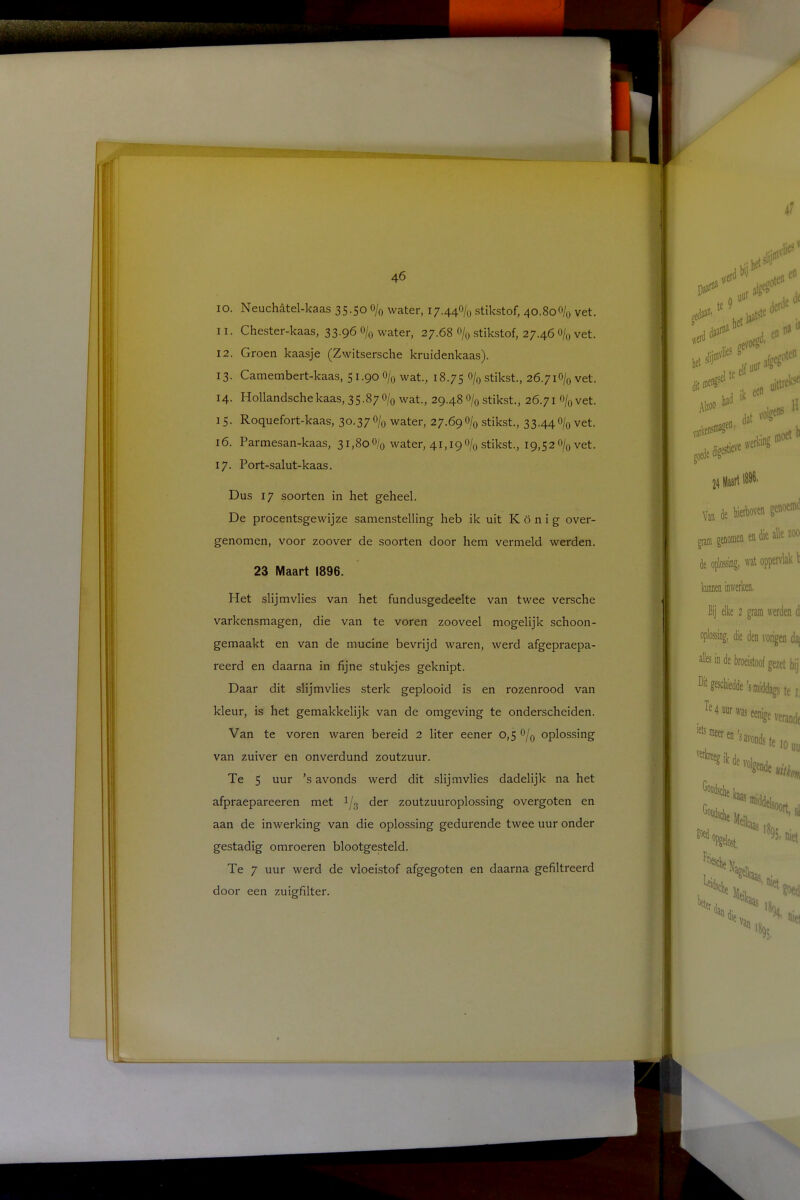 10. Neuchatel-kaas 35.50 o/0 water, 17.44% stikstof, 40.80% vet. 11. Chester-kaas, 33.96 o/0 water, 27.68 o/0 stikstof, 27.46 0/0 vet. 12. Groen kaasje (Zwitsersche kruidenkaas). 13. Camembert-kaas, 51.90 o/0 wat., 18.75 °/o stikst, 26.710/0 vet. 14. Hollandschekaas, 35.870/0 wat., 29.48 o/0 stikst., 26.71 o/0 vet. 15. Roquefort-kaas, 30.37o/0 water, 27.69o/0 stikst., 33.44o/0 vet. 16. Parmesan-kaas, 31,80o/0 water, 41,19% stikst., 19,520/0 vet. 17. Port-salut-kaas. Dus 17 soorten in het geheel. De procentsgewijze samenstelling heb ik uit K ö n i g over- genomen, voor zoover de soorten door hem vermeld werden. 23 Maart 1896. Het slijmvlies van het fundusgedeelte van twee versche varkensmagen, die van te voren zooveel mogelijk schoon- gemaakt en van de mucine bevrijd waren, werd afgepraepa- reerd en daarna in fijne stukjes geknipt. Daar dit slijmvlies sterk geplooid is en rozenrood van kleur, is het gemakkelijk van de omgeving te onderscheiden. Van te voren waren bereid 2 liter eener 0,5 °/0 oplossing van zuiver en onverdund zoutzuur. Te 5 uur 's avonds werd dit slijmvlies dadelijk na het afpraepareeren met 1/3 der zoutzuuroplossing overgoten en aan de inwerking van die oplossing gedurende twee uur onder gestadig omroeren blootgesteld. Te 7 uur werd de vloeistof afgegoten en daarna gefiltreerd door een zuigfilter. ^aan' ^ 9het laagte derde ********* dit n** ^ uittred verking **b 24 Maart 1896. Vafl de hierboven gfl«ri gram genomen en die aüe zoo de oplossing, wat kunnen inwerken, Bij elke 2 grar oplossing, die den * in de broeistoof Dit Te 4 uur was s meer en \ vei savonds •k de vi Goudse werden d i'origen daj gezet bij 's middags te i; ï(% verande te 10 uu Ogende ^ middels, eikaas s°ort, d niet Meikaas „• ™ niet Mie