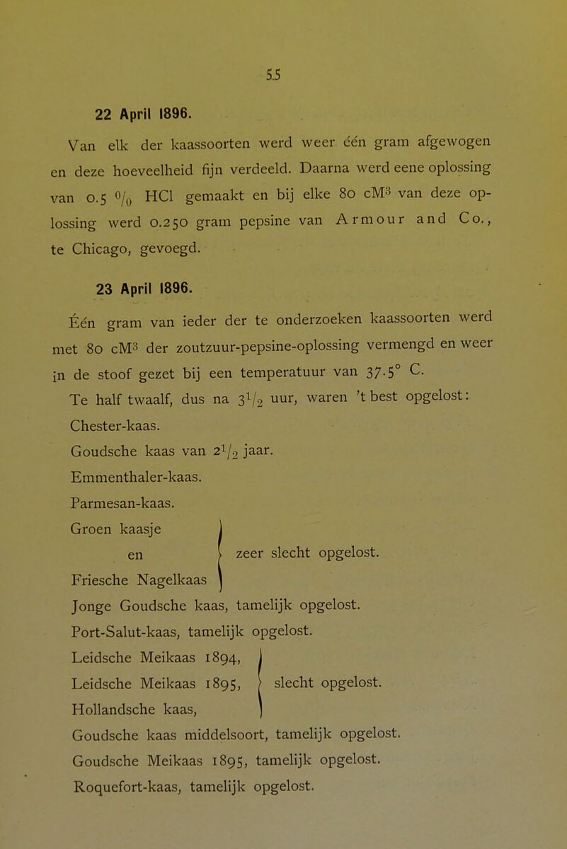 22 April 1896. Van elk der kaassoorten werd weer één gram afgewogen en deze hoeveelheid fijn verdeeld. Daarna werd eene oplossing van 0.5 % HC1 gemaakt en bij elke 80 cM3 van deze op- lossing werd 0.250 gram pepsine van Armour and Co., te Chicago, gevoegd. 23 April 1896. Één gram van ieder der te onderzoeken kaassoorten werd met 80 cM3 der zoutzuur-pepsine-oplossing vermengd en weer in de stoof gezet bij een temperatuur van 37.5° C. Te half twaalf, dus na 3I/2 uur, waren 't best opgelost: Chester-kaas. Goudsche kaas van 2lj2 jaar. Emmenthaler-kaas. Parmesan-kaas. Groen kaasje 1 en > zeer slecht opgelost. Friesche Nagelkaas \ Jonge Goudsche kaas, tamelijk opgelost. Port-Salut-kaas, tamelijk opgelost. Leidsche Meikaas 1894, j Leidsche Meikaas 1895, | slecht opgelost. Hollandsche kaas, ] Goudsche kaas middelsoort, tamelijk opgelost. Goudsche Meikaas 1895, tamelijk opgelost. Roquefort-kaas, tamelijk opgelost.