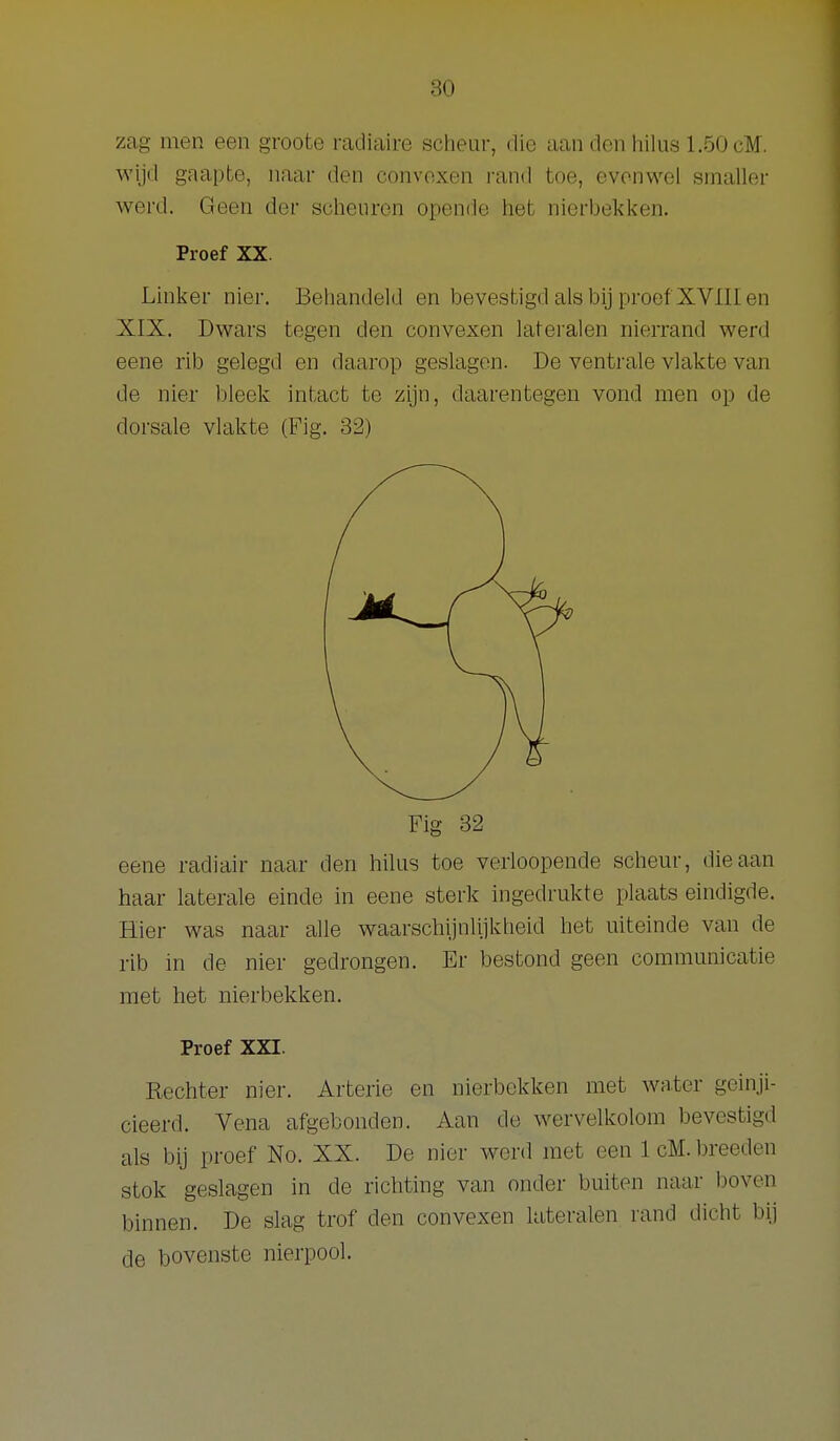 zag men een groote radiaire scheur, die aandenhilus 1.50 cM. wijd gaapte, naar den convoxen i-and toe, evenwel smaller werd. Geen der scheuren opende het nierbekken. Proef XX. Linker nier. Behandeld en Ijevestigdalsbijproef'XVIIIen XIX. Dwars tegen den convexen lateralen nierrand werd eene rib gelegd en daarop geslagen. De ventrale vlakte van de nier bleek intact te zijn, daarentegen vond men op de dorsale vlakte (Fig. 32) Fig 32 eene radiair naar den hilus toe verloopende schem-, die aan haar laterale einde in eene sterk ingedrukte plaats eindigde. Hier was naar alle waarschijnlijkheid het uiteinde van de rib in de nier gedrongen. Er bestond geen communicatie met het nier bekken. Proef XXI. Rechter nier. Arterie en nierbekken met water geinji- cieerd. Vena afgebonden. Aan de wervelkolom bevestigd als bij proef No. XX. De nier werd met een 1 cM. breeden stok geslagen in de richting van onder buiten naar boven binnen. De slag trof den convexen lateralen rand dicht bij de bovenste nierpool.