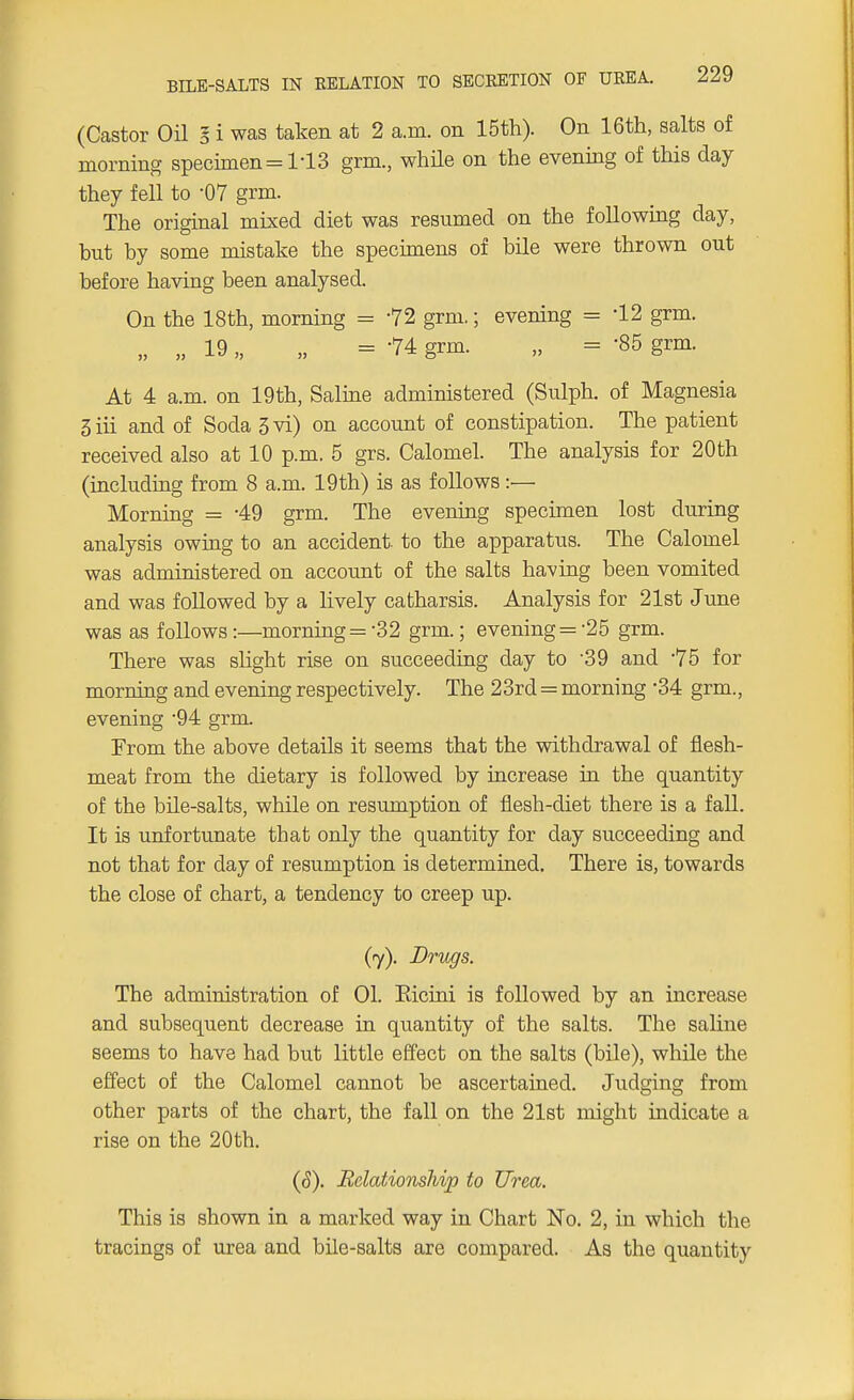 (Castor Oil I i was taken at 2 a.m. on 15th). On 16th, salts of morning specimen = 1-13 grin., while on the evening of this day they fell to -07 grm. The original mixed diet was resumed on the following day, but by some mistake the specimens of bile were thrown out before having been analysed. On the 18th, morning = -72 grm.; evening = -12 grm. „ „ 19 „ „ = 74 grm. „ = '85 grm. At 4 a.m. on 19th, Saline administered (Sulph. of Magnesia 3 iii and of Soda 3vi) on account of constipation. The patient received also at 10 p.m. 5 grs. Calomel. The analysis for 20th (including from 8 a.m. 19th) is as follows :— Morning = -49 grm. The evening specimen lost during analysis owing to an accident, to the apparatus. The Calomel was administered on account of the salts having been vomited and was followed by a lively catharsis. Analysis for 21st June was as follows:—morning = -32 grm.; evening =-25 grm. There was slight rise on succeeding day to 39 and -75 for morning and evening respectively. The 23rd = morning -34 grm., evening -94 grm. From the above details it seems that the withdrawal of flesh- meat from the dietary is followed by increase in the quantity of the bile-salts, while on resumption of flesh-diet there is a fall. It is unfortunate that only the quantity for day succeeding and not that for day of resumption is determined. There is, towards the close of chart, a tendency to creep up. (7). Drugs. The administration of 01. Eicini is followed by an increase and subsequent decrease in quantity of the salts. The saline seems to have had but little effect on the salts (bile), while the effect of the Calomel cannot be ascertained. Judging from other parts of the chart, the fall on the 21st might indicate a rise on the 20th. (8). Relationship to Urea. This is shown in a marked way in Chart No. 2, in which the tracings of urea and bile-salts are compared. As the quantity