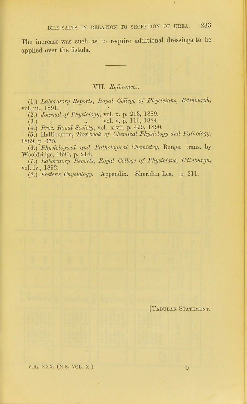 The increase was such as to require additional dressings to be applied over the fistula. VII. References. (1.) Laboratory Reports, Royal College of Physicians, Edinburgh, vol. iii., 1891. (2.) Journal of Physiology, vol. x. p. 213, 1889. (3.) „ „ vol. v. p. 116, 1884. (4.) Proc. Royal Society, vol. xlvii. p. 499, 1890. (5.) Halliburton, Text-book of Chemical Physiology and Pathology, 1889, p. 675. (6.) Physiological and Pathological Chemistry, Bunge, trans, by Wooldridge, 1890, p. 214. (7.) Laboratory Reports, Royal College of Physicians, Edinburgh, vol. iv., 1892. (8.) Foster's Physiology. Appendix. Sheridan Lea. p. 211. [Tabular Statement. VOL. XXX. (N.S. VOL. X.) Q