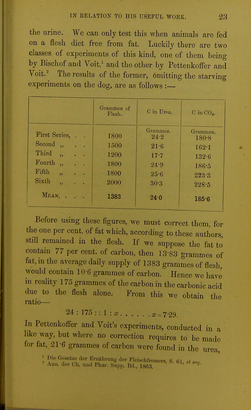 the urine. We can only test this when animals are fed on a flesh diet free from fat. Luckily there are two classes of experiments of this kind, one of them being by Bischof and Voit,^ and the other by PettenkofFer and Voit.^ The results of the former, omitting the starving experiments on the dog, are as follows :— Grammes of Flesh. C in Urea. C in CO4. First Series, . . Second „ . . Third „ . . Fourth „ . . Fifth „ . . Sixth „ . , 1800 1500 1200 1800 1800 2000 Grammes. 24-2 21-6 17-7 24- 9 25- 6 30-3 Grammes. 180-8 162-1 132-6 186-5 223-3 228-5 Mean, . . . 1383 240 185-6 Before using these figures, we must correct them, for the one per cent, of fat which, according to these authors still remained in the flesh. If we suppose the fat to contain 77 per cent, of carbon, then 13-83 grammes of fat, in the average daily supply of 1383 grammes of flesh, would contain 10-6 grammes of carbon. Hence we have in reality 175 grammes of the carbon in the carbonic acid due to the flesh alone. From this we obtain the ratio— 24: 175:: 1 x = 7'29. In Pettenkoff-er and Voit's experiments, conducted in a like way, but where no correction requires to be made for fat, 21-6 grammes of carbon were found in the urea, I Die Gesetze der Ernill.rung der Fleischfressers, S. 61, e< s.r, Ann. der Ch, und Phar. Suj)],. Bd., 18G.3.