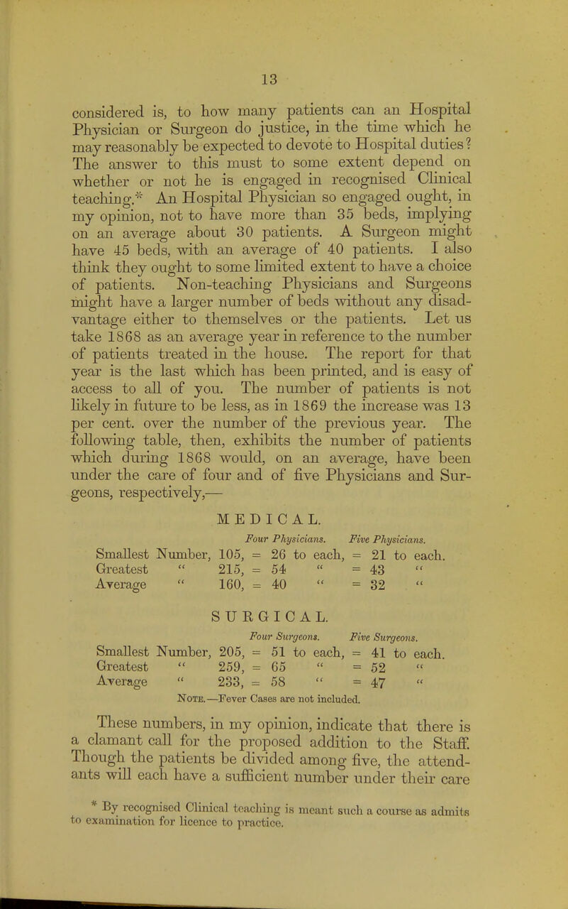 considered is, to how many patients can an Hospital Physician or Surgeon do justice, in the time which he may reasonably be expected to devote to Hospital duties ? The answer to this must to some extent depend on whether or not he is engaged in recognised Clinical teaching* An Hospital Physician so engaged ought, in my opinion, not to have more than 35 beds, implying on an average about 30 patients. A Surgeon might have 45 beds, with an average of 40 patients. I also think they ought to some limited extent to have a choice of patients. Non-teaching Physicians and Surgeons might have a larger number of beds without any disad- vantage either to themselves or the patients. Let us take 1868 as an average year in reference to the number of patients treated in the house. The report for that year is the last which has been printed, and is easy of access to all of you. The number of patients is not likely in future to be less, as in 1869 the increase was 13 per cent, over the number of the previous year. The following table, then, exhibits the number of patients which during 1868 would, on an average, have been under the care of four and of five Physicians and Sur- geons, respectively,— MEDICAL. Four Physicians. Five Physicians. Smallest Number, 105, = 26 to each, = 21 to each. Greatest  215, = 54  = 43 Average  160, = 40  = 32 SURGICAL. Four Surgeons. Five Surgeons. Smallest Number, 205, = 51 to each, = 41 to each. Greatest  259, = 65  = 52 Average  233, = 58  = 47 Note.—Fever Cases are not included. These numbers, in my opinion, indicate that there is a clamant call for the proposed addition to the Staff. Though the patients be divided among five, the attend- ants will each have a sufficient number under their care * By recognised Clinical teaching is meant such a course as admits to examination for licence to practice.