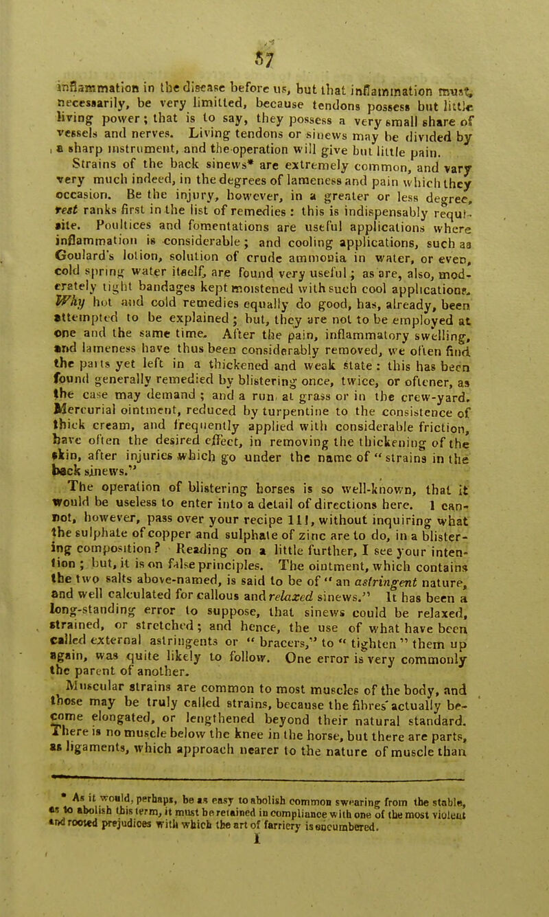 ft inflammation in the disease before us, but that inflammation must, necessarily, be very limitled, because tendons possess but little living power; that is to say, they possess a very small share of vessels and nerves. Living tendons or sinews may be divided by i a sharp instrument, and the operation will give but little pain. Strains of the back sinews* are extremely common, and vary very much indeed, in the degrees of lameness and pain which they occasion. Be the injury, however, in a greater or less degree, rest ranks first in the list of remedies : this is indispensably requi- site. Poultices and fomentations are useful applications where inflammation is considerable ; and cooling applications, such aa Goulard's lotion, solution of crude ammonia in water, or even, cold spring water itoelf, are found very useful ; as are, also, mod- erately tight bandages kept moistened with such cool application?. Why hut and cold remedies equally do good, has, already, been attempted to be explained ; but, they are not to be employed at one and the same time. After the pain, inflammatory swelling, and lameness have thus been considerably removed, we often find the pans yet left in a thickened and weak state: this has been found generally remedied by blistering once, twice, or oftcner, as the case may demand ; and a run at grass or in the crew-yard. Mercurial ointment, reduced by turpentine to the consistence of thick cream, and frequently applied with considerable friction, have often the desired cflect, in removing the thickening of the •kin, after injuries which go under the name of  strains in the back sinews. The operation of blistering horses is so well-known, that it would be useless to enter into a detail of directions here. 1 can- not, however, pass over your recipe 11!, without inquiring what the sulphate of copper and sulphate of zinc are to do, in a blister- ing composition? Reading on a little further, I see your inten- tion ; but, it is on false principles. The ointment, which contains the two salts above-named, is said to be of  an astringent nature, and well calculated for callous and relaxed sinews. It has been a long-standing error to suppose, that sinews could be relaxed, strained, or stretched; and hence, the use of what have been called external astringents or  bracers, to  tighten  them up again, was quite likely to follow. One error is very commonly the parent of another. Muscular strains are common to most muscles of the body, and those may be truly called strains, because the fibres'actually be- come elongated, or lengthened beyond their natural standard. There is no muscle below the knee in the horse, but there are parts, as ligaments, which approach nearer to the nature of muscle than V!1 \ ' P11?*' be »s easT to abolish common swearing from the stable, e* to abolish this term, it must be retained in compliance with one ot the most violent arxirooitd prejudices with which the art of farriery isancurabered. I