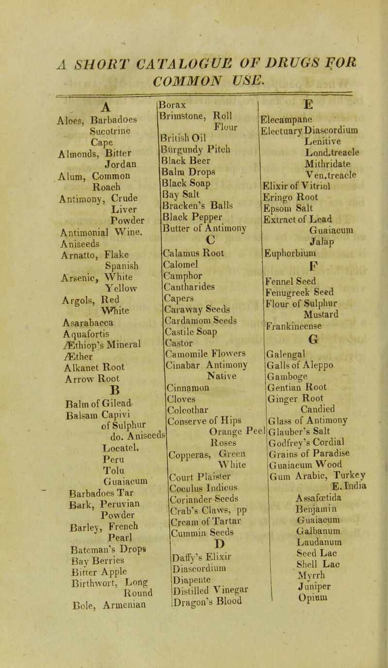 A SHORT CATALOGUE OF DRUGS FOR COMMON USE. (Borax Aloes, Barbadoes Brimstoi Sucotrine Cape Almonds, Bitter Jordan Alum, Common Roach Antimony, Crude Liver Powder Antimonial Wine. Aniseeds Arnatto, Flake Spanish Arsenic, White Yellow Argols, Red White Asarabacca Aquafortis /Ethiop's Mineral yEther Alkanet Root Arrow Root B Balm of Gilead Balsam Capivi of Sulphur do. Aniseeds Locatel, Peru Tolu Guaiacum Barbadoes Tar Bark, Peruvian Powder Barley, French Pearl Bateman's Drops Bay Berries Bitter Apple Birthwort, Long Round Roll Flour British Oil Burgundy Pitch Black Beer Balm Drops Black Soap Bay Salt Bracken's Balls Black Pepper Butter of Antimony c Calamus Root Calomel Camphor Cantharides Capers Caraway Seeds Cardamom Seeds Castile Soap Castor Camomile Flowers Cinabar Antimony Native Cinnamon Cloves Colcothar Conserve of Hips Orange Pee Bole, Armenian Roses Copperas, Green White Court Plaister Coculus Indicus Coriander Seeds Crab's Claws, pp Cream of Tartar Cummin Seeds D Daffy's Elixir Diascordium Diapente Distilled Vinegar Dragon's Blood E Elecampane Electuary Diascordium Lenitive Lond. treacle Mithridate Ven.treacle Elixir of Vitriol Eringo Root Epsom Salt Extract of Lead Guaiacum Jalap Euphorbium P Fennel Seed Fenugreek Seed Flour of Sulphur Mustard Frankincense G Galengal Galls of Aleppo Gamboge Gentian Root Ginger Root Candied Glass of Antimony Glauber's Salt Godfrey's Cordial Grains of Paradise Guaiacum Wood Gum Arabic, Turkey E. India Assafoetida Benjamin Guaiacum Galbanum Laudanum Seed Lac Shell Lac Myrrh Juniper Opium