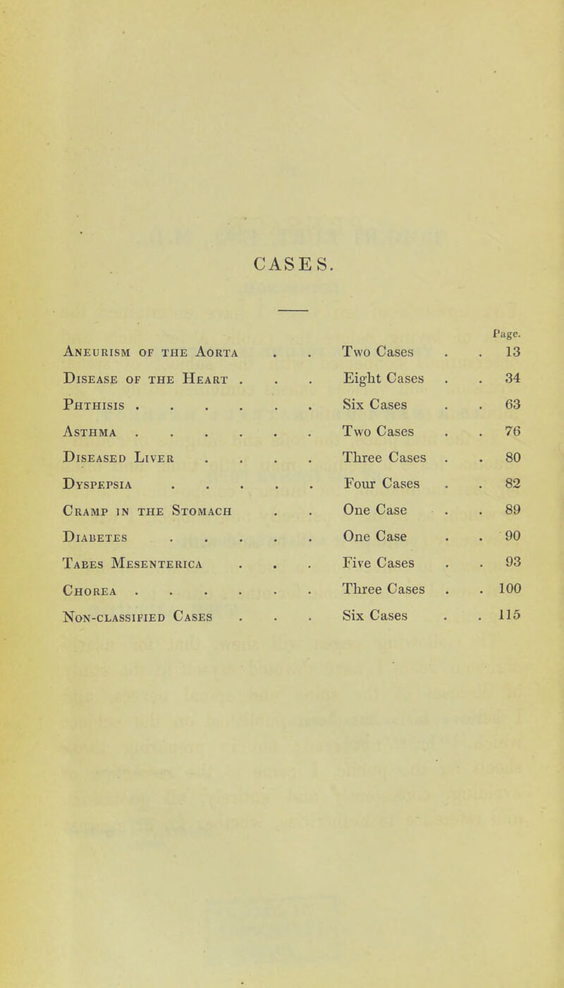 CASES. Aneurism of the Aorta Two Cases Page. . 13 Disease of the Heart . Eight Cases . 34 Phthisis Six Cases . 63 Asthma Two Cases . 76 Diseased Liver Three Cases . 80 Dyspepsia .... Four Cases . 82 Cramp in the Stomach One Case . 89 Diabetes .... One Case . 90 Tabes Mesenteric^ Five Cases . 93 Chorea ..... Three Cases . 100 Non-classified Cases Six Cases . 115