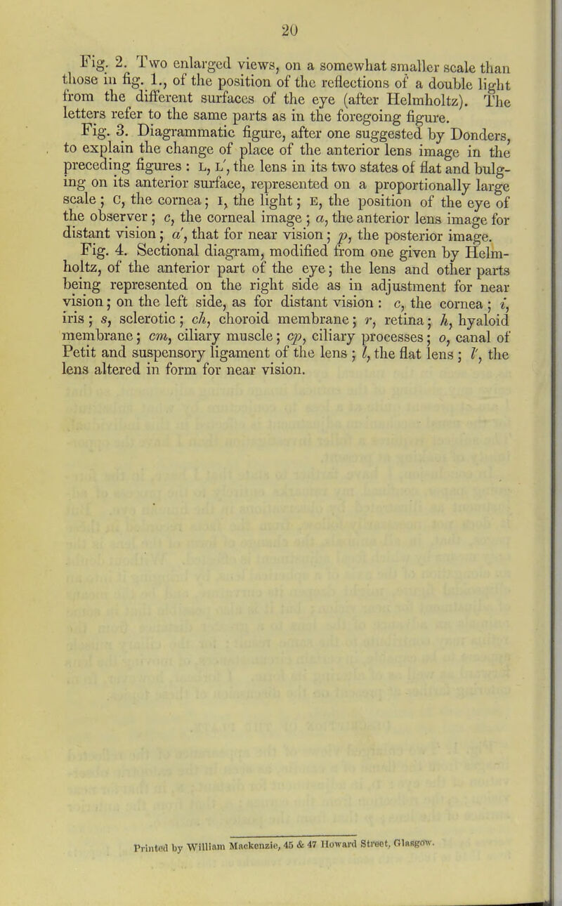 Fig. 2. Two enlarged views, on a somewhat smaller scale than those in fig. 1., of the position of the reflections of a double light from the different surfaces of the eye (after Helmholtz). The letters refer to the same parts as in the foregoing figure. Fig. 3. Diagrammatic figure, after one suggested by Bonders, to explain the change of place of the anterior lens image in the preceding figures : L, l', the lens in its two states of flat and bulg- ing on its anterior surface, represented on a proportionally large scale ; C, the cornea; i, the light; E, the position of the eye of the observer ; c, the corneal image ; a, the anterior lens image for distant vision; a', that for near vision; ^, the posterior image. Fig. 4. Sectional diagram, modified from one given by Helm- holtz, of the anterior part of the eye; the lens and other parts being represented on the right side as in adjustment for near vision; on the left side, as for distant vision : c, the cornea ; i, iris; s, sclerotic; cA, choroid membrane; r, retina; h, hyaloid membrane; cm, ciliary muscle; c^?, ciliary processes; o, canal of Petit and suspensory ligament of the lens ; I, the flat lens; 1', the lens altered in form for near vision. Printed by William Maclccnzio, 45 & 47 Howard Street, Glango-w.