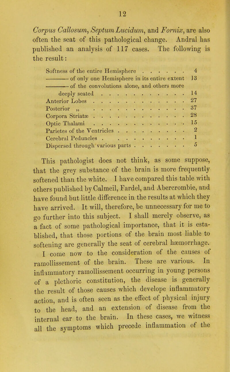 Corpus Callosum, Septum Lucidum, and Fornix, are also often the seat of this pathological change. Andral has published an analysis of 117 cases. The following is the result: Softness of the entire Hemisphere 4 of only one Hemisphere in its entire extent 13 of the convolutions alone, and others more deeply seated 14 Anterior Lobes 27 Posterior „ 37 Corpora Striatae 28 Optic Thalami .15 Parietes of the Ventricles 2 Cerebral Peduncles . 1 Dispersed through various parts 5 This pathologist does not think, as some suppose, that the grey substance of the brain is more frequently softened than the white. I have compared this table with others published by Calmeil, Fardel, and Abercrombie, and have found but little difference in the results at which they have arrived. It will, therefore, be unnecessary for me to go further into this subject. I shall merely observe, as a fact of some pathological importance, that it is esta- blished, that those portions of the brain most liable to softening are generally the seat of cerebral ha3morrhage. I come now to the consideration of the causes of ramollissement of the brain. These are various. In inflammatory ramollissement occurring in young persons of a plethoric constitution, the disease is generally the result of those causes which develope inflammatory action, and is often seen as the effect of physical injury to the head, and an extension of disease from the internal ear to the brain. In these cases, we witness all the symptoms which precede inflammation of the