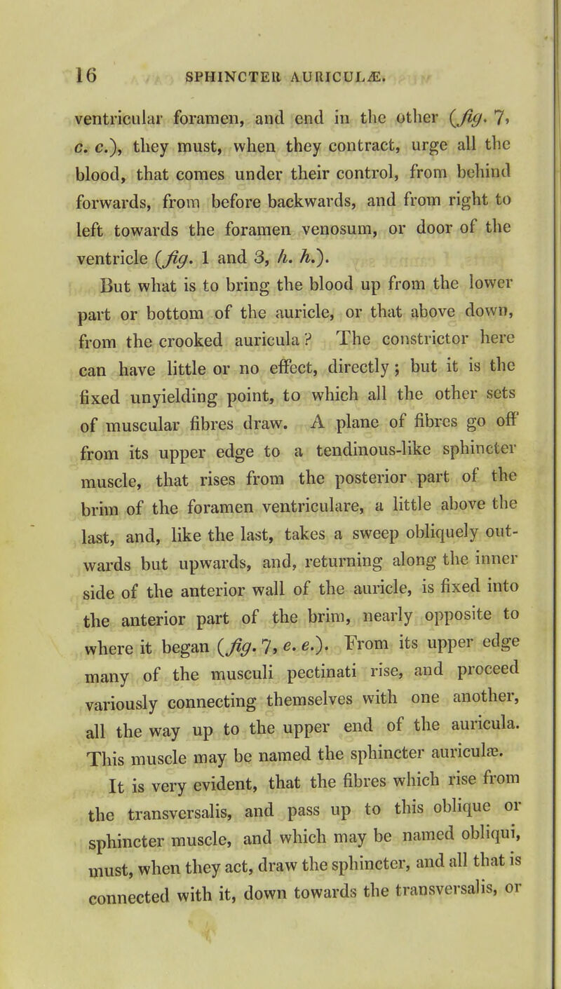 ventricular foramen, and end in the other (Jig. 7> c. c), they must, when they contract, urge all the blood, that comes under their control, from behind forwards, from before backwards, and from right to left towards the foramen venosum, or door of the ventricle (Jig. 1 and 3, h. A.). But what is to bring the blood up from the lower part or bottom of the auricle, or that above down, from the crooked auricula ? The constrictor here can have little or no effect, directly; but it is the fixed unyielding point, to which all the other sets of muscular fibres draw. A plane of fibres go off from its upper edge to a tendinous-like sphincter muscle, that rises from the posterior part of the brim of the foramen ventriculare, a little above the last, and, like the last, takes a sweep obliquely out- wards but upwards, and, returning along the inner side of the anterior wall of the auricle, is fixed into the anterior part of the brim, nearly opposite to where it began {fig. 7, e. e.). From its upper edge many of the musculi pectinati rise, and proceed variously connecting themselves with one another, all the way up to the upper end of the auricula. This muscle may be named the sphincter auricula?. It is very evident, that the fibres which rise from the transversalis, and pass up to this oblique or sphincter muscle, and which may be named obliqui, must, when they act, draw the sphincter, and all that is connected with it, down towards the transversalis, or