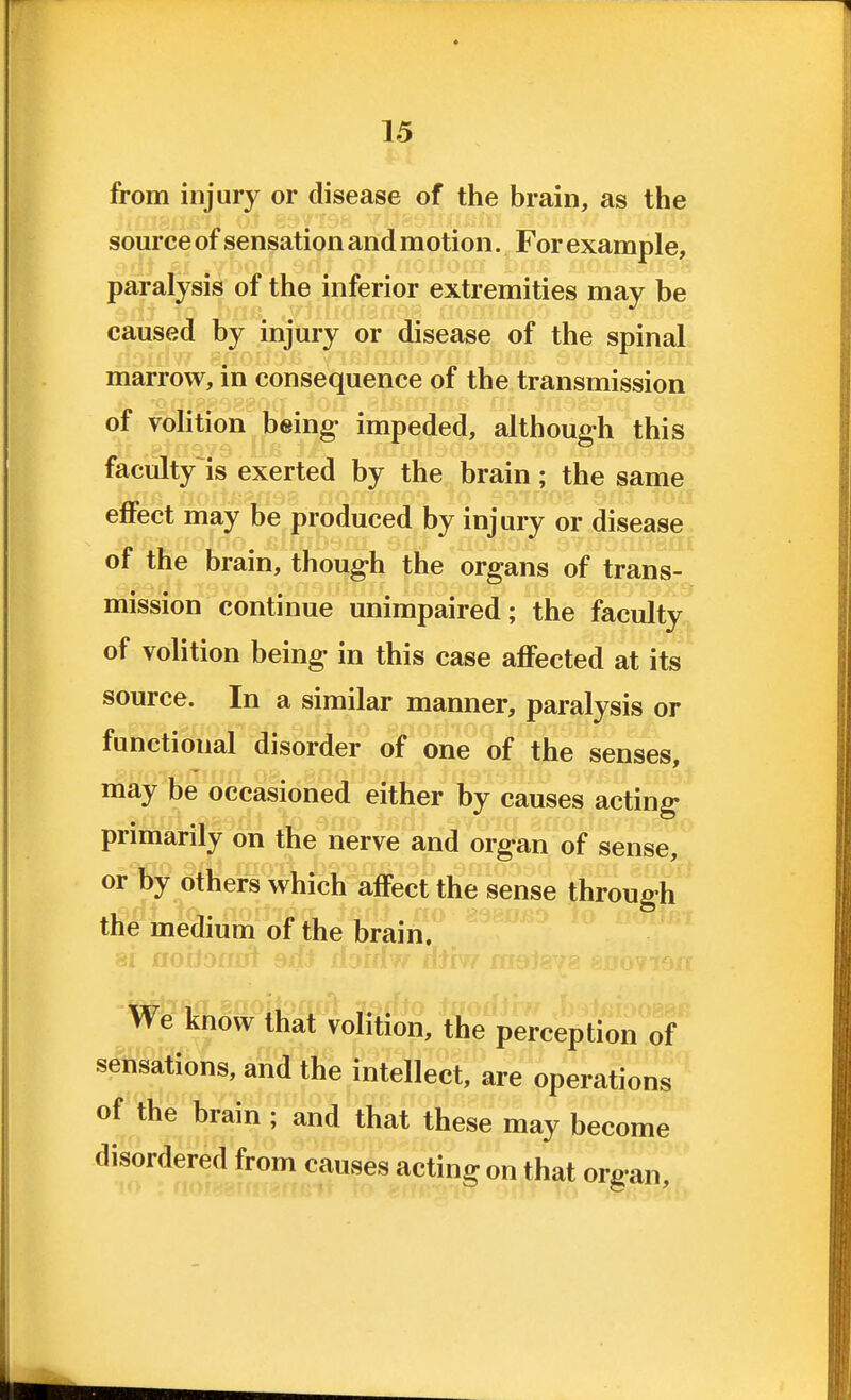 from injury or disease of the brain, as the source of sensation and motion. For example, paralysis of the inferior extremities may be caused by injury or disease of the spinal marrow, in consequence of the transmission of volition being- impeded, although this facultyls exerted by the brain; the same effect may be produced by injury or disease of the brain, though the organs of trans- mission continue unimpaired; the faculty of volition being- in this case affected at its source. In a similar manner, paralysis or functional disorder of one of the senses, may be occasioned either by causes acting- primarily on the nerve and organ of sense, or by others which affect the sense through the medium of the brain. We know that volition, the perception of sensations, and the intellect, are operations of the brain ; and that these may become disordered from causes acting on that organ.