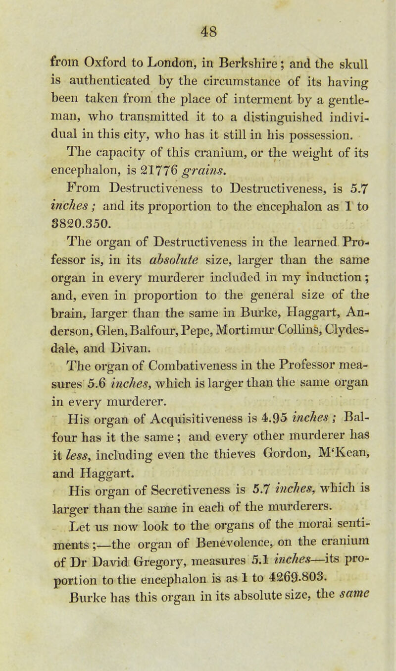 from Oxford to London, in Berkshire; and the skull is authenticated by the circumstance of its having been taken from the place of interment by a gentle- man, who transmitted it to a distinguished indivi- dual in this city, who has it still in his possession. The capacity of this cranium, or the weight of its encephalon, is 21776 grains. From Destructiveness to Destructiveness, is 5.7 inches; and its proportion to the encephalon as 1 to 3820.350. The organ of Destructiveness in the learned Pro- fessor is, in its absolute size, larger than the same organ in every murderer included in my induction; and, even in proportion to the general size of the brain, larger than the same in Burke, Haggart, An- derson, Glen, Balfour, Pepe, Mortimur Collins, Clydes- dale, and Divan. The organ of Combativeness in the Professor mea- sures 5.6 inches, which is larger than the same organ in every murderer. His organ of Acquisitiveness is 4.95 inches ; Bal- four has it the same; and every other murderer has it less, including even the thieves Gordon, M'Kean, and Haggart. His organ of Secretiveness is 5.7 inches, which is larger than the same in each of the murderers. Let us now look to the organs of the moral senti- ments ;—the organ of Benevolence, on the cranium of Dr David Gregory, measures 5.1 inches—its pro- portion to the encephalon is as 1 to 4269-803. Burke has this organ in its absolute size, the same