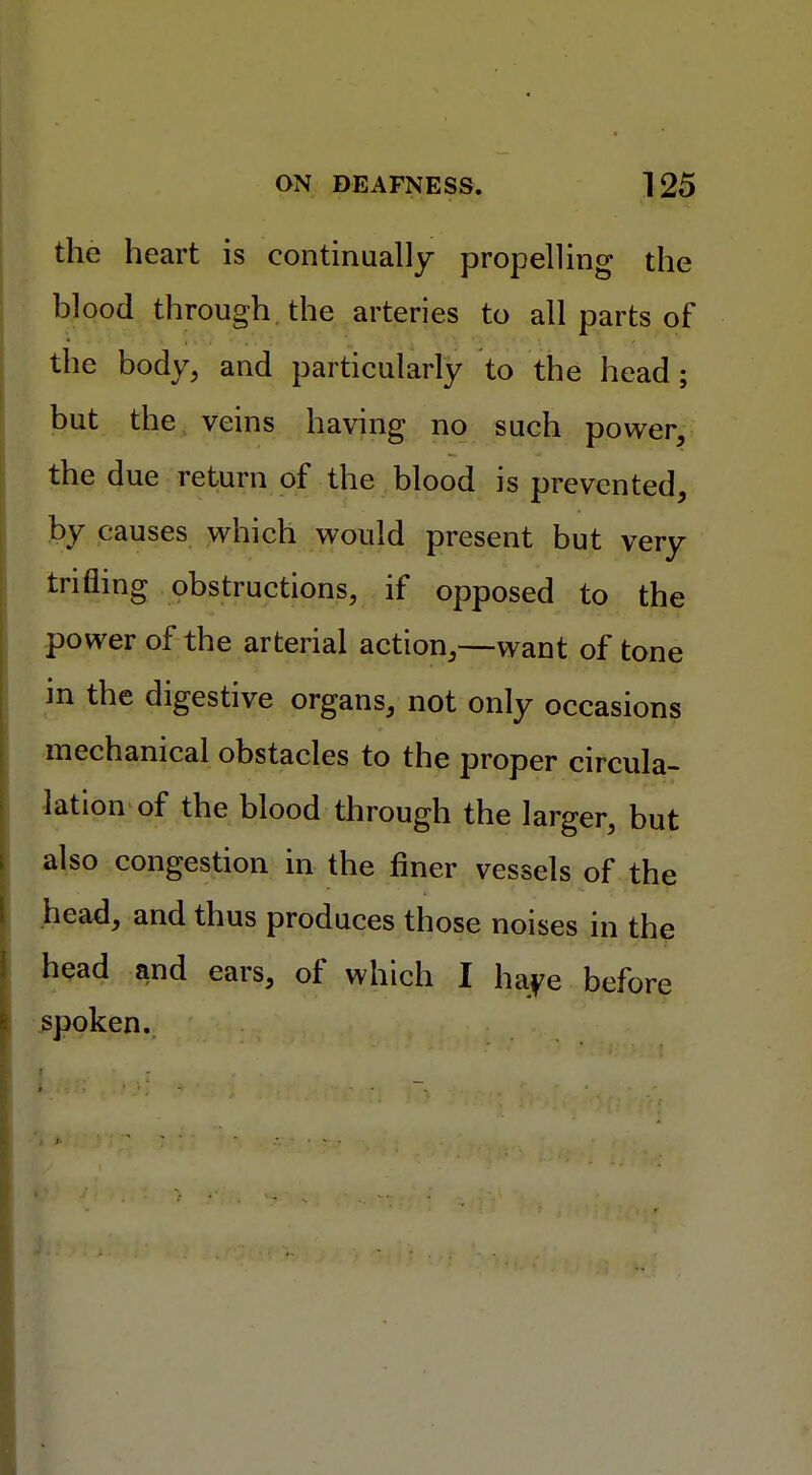 the heart is continually propelling the blood through the arteries to all parts of the body, and particularly to the head; but the veins having no such power, the due return of the blood is prevented, by causes which would present but very trifling obstructions, if opposed to the power of the arterial action,—want of tone in the digestive organs, not only occasions mechanical obstacles to the proper circula- tion of the blood through the larger, but also congestion in the finer vessels of the head, and thus produces those noises in the head and ears, of which I haye before spoken.