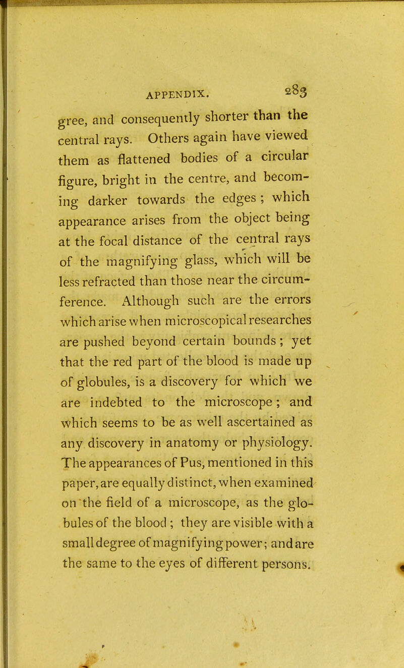 gree, and consequently shorter than the central rays. Others again have viewed them as flattened bodies of a circular figure, bright in the centre, and becom- ing darker towards the edges ; which appearance arises from the object being at the focal distance of the central rays of the magnifying glass, which will be less refracted than those near the circum- ference. Although such are the errors which arise when microscopical researches are pushed beyond certain bounds; yet that the red part of the blood is made up of globules, is a discovery for which we are indebted to the microscope; and which seems to be as well ascertained as any discovery in anatomy or physiology. The appearances of Pus, mentioned in this paper, are equally distinct, when examined on the field of a microscope, as the glo- bules of the blood ; they are visible with a smalldegree of magnifyingpower; andare the same to the eyes of different persons.