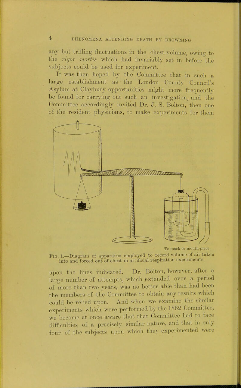 any but ti-ifling- fluctuations in the chest-volume, owing- to the rigor mortis which had invariably set in before the subjects could be used for experiment. It was then hoped by the Committee that in such a large establishment as the London County Council's Asylum at Claybury opportunities might more frequently be found for carrying out such an investigation, and the Committee accordingly invited Dr. J. S. Bolton, then one of the resident physicians, to make experiments for them To ninsk or mouth-ijiece. Pig. 1.—Diagram of apparattis employed to record volume of air taken into and forced ont of chest in artificial respiration experiments. upon the lines indicated. Dr. Bolton, however, after a large number of attempts, which extended over a period of more than two years, was no better able than had been the members of the Committee to obtain any results Avhich could be relied upon. And when we examine the similar experiments which were performed by the 1862 Committee, we become at once aware that that Committee had to face difficulties of a precisely similar nature, and that in only four of the subjects upon which they experimented were