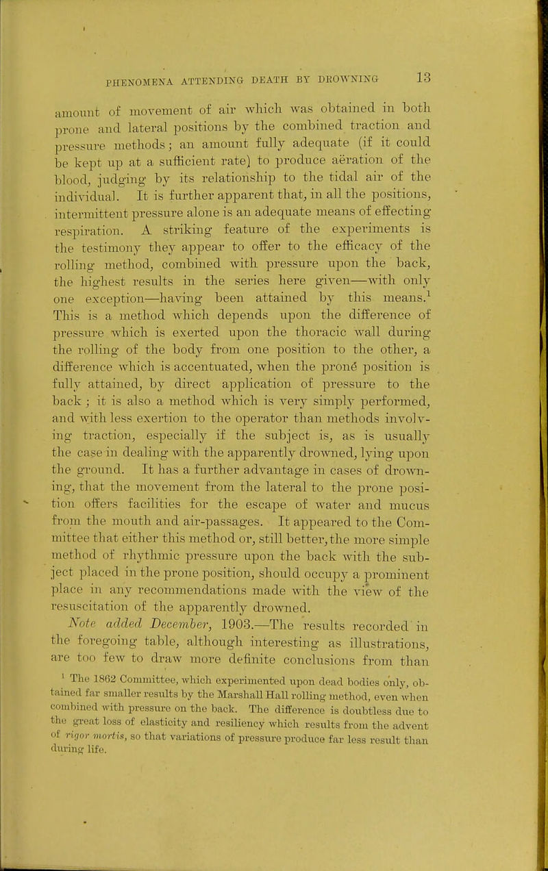 PHENOMENA ATTENDING DEATH BY DHOWNING 13 amount of movement of air whicli was obtained in both prone and lateral positions by the combined traction and pressure methods; an amount fully adequate (if it could be kept up at a sufficient rate) to produce aeration of the bloody judging by its relationship to the tidal air of the individual. It is further apparent that, in all the positions, intermittent pressure alone is an adequate means of effecting respiration. A striking feature of the experiments is the testimony they appear to olfer to the efficacy of the rolling method, combined with pressure upon the back, the highest results in the series here given—Avith only one exception—having been attained by this means.^ This is a method which depends upon the difference of pressure which is exerted upon the thoracic wall during the rolling of the body from one position to the other, a difference which is accentuated, when the prone position is fully attained, by direct application of pressure to the back ; it is also a method which is very simply performed, and Avithless exertion to the operator than methods involv- ing traction, especially if the subject is, as is usuall}^ the cage in dealing with the apparently drowned, lying upon the ground. It has a further advantage in cases of droAvn- ing, that the movement from the lateral to the prone posi- tion offers facilities for the escape of water and mucus from the mouth and air-passages. It appeared to the Com- mittee that either this method or, still better, the more simple method of rhythmic pressure upon the back with the sub- ject placed in the prone position, should occupy a prominent place in any recommendations made with the view of the resuscitation of the apparently drowned. Note added December, 1903.—The results recorded in the foregoing table, although interesting as illustrations, are too few to draw more definite conclusions from than ' The 1862 Committee, which experimented upon dead bodies only, ob- tained far smaller res^^lts by the Marshall Hall rolling method, even when combined with pressure on the back. The difference is doubtless due to the gi-eat loss of elasticity and resiliency which results from the advent of rigor mortis, so that variations of pressu.re produce far less result than durincr life.