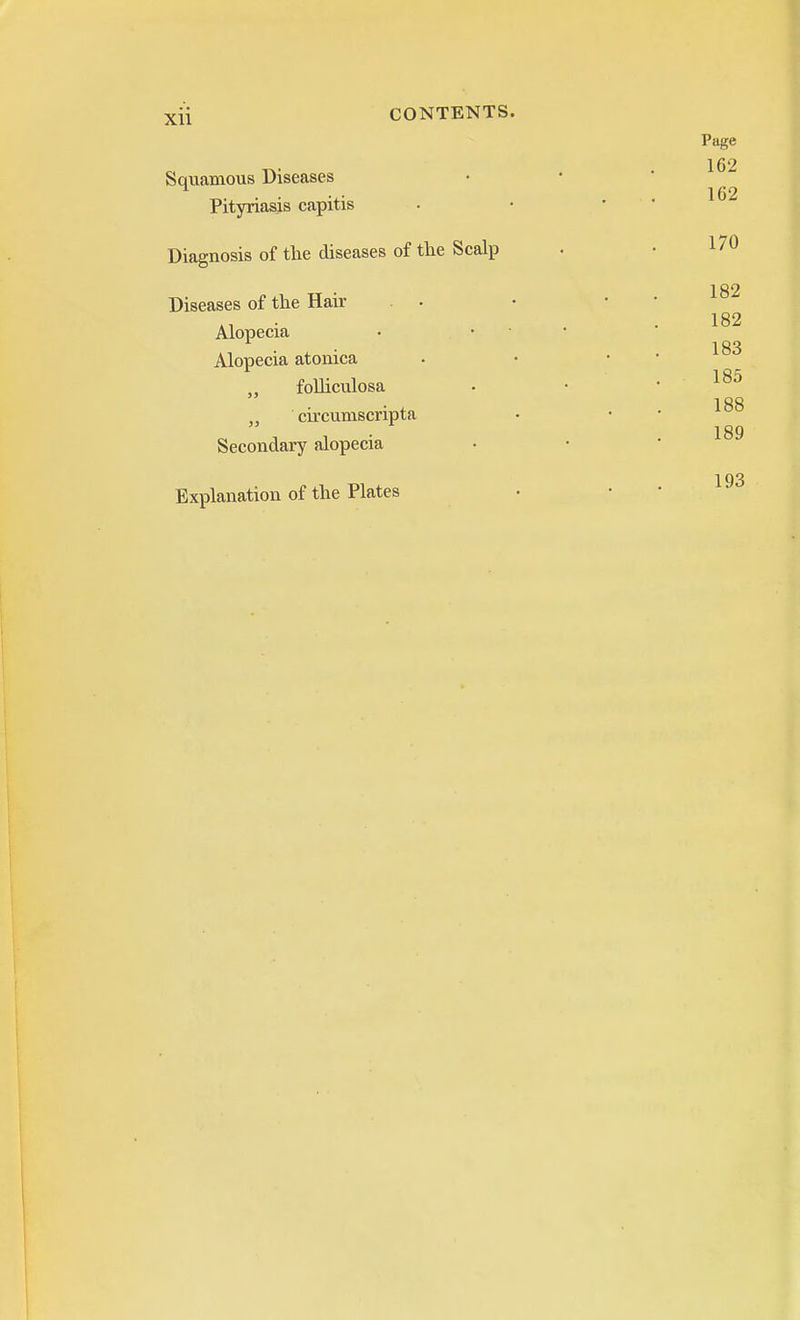 Squamous Diseases Pityriasis capitis Diagnosis of the diseases of the Scalp Diseases of the Hair Alopecia Alopecia atonica „ folliculosa „ circumscripta Secondary alopecia Page 162 162 170 182 182 183 185 188 189 Explanation of the Plates 193