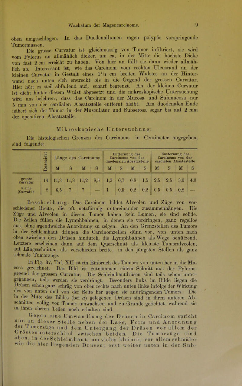 oben umgeschlagen. In das Duodenallumen ragen polypös vorspringende Tumormassen. Die grosse Curvatur ist gleichmässig von Tumor infiltriert, sie wird vom Pylorus an allmählich dicker, um ca. in der Mitte die höchste Dicke von fast 2 cm erreicht zu haben. Von hier an fällt sie dann wieder allmäh- lich ab. Interessant ist, wie das Carcinom vom rechten Ulcusrand an der kleinen Curvatur in Gestalt eines l1/* cm breiten Wulstes an der Hinter- wand nach unten sich erstreckt bis in die Gegend der grossen Curvatur. Hier hört es steil abfallend auf, scharf begrenzt. An der kleinen Curvatur ist dicht hinter diesem Wulst abgesetzt und die mikroskopische Untersuchung wird uns belehren, dass das Carcinom in der Mucosa und Submucosa nur 5 mm von der cardialen Absatzstelle entfernt bleibt. Am duodenalen Ende nähert sich der Tumor in der Musculatur und Subserosa sogar bis auf 2 mm der operativen Absatzstelle. Mikroskopische Untersuchung: Die histologischen Grenzen des Carcinoms, in Centimeter angegeben, sind folgende: Reseciert Läng M ;e des S Carcii M 10ms S Entferm Carcinom! duodenalen M S mg de 3 von A.bsatz M s ier stelle s I Cai cardi M Intfern •cinomi talen £ s ung de i von < Lbsatzs M s ler teile S grosse Curvatur kleine !Curvatur 14 8 11,3 6,5 11,8 7 11,2 7 8,5 1,2 1 0,7 0,5 0,8 0,2 1,5 0,2 2,5 0,5 2,5 0,5 3,0 0,8 4,0 Beschreibung: Das Carcinom bildet Alveolen und Züge von ver- schiedener Breite, die oft netzförmig untereinander zusammenhängen. Die Züge und Alveolen in diesem Tumor haben kein Lumen, sie sind solide. Die Zellen füllen die Lymphbahnen, in denen sie vordringen, ganz regellos ^us, ohne irgendwelche Anordnung zu zeigen. An den Grenzstellen des Tumors in der Schleimhaut dringen die Carcinomzellen dünn vor, von unten nach oben zwischen den Drüsen hindurch, die Lymphbahnen als Wege benützend. Letztere erscheinen dann auf dem Querschnitt als kleinste Tumorälveolen, auf Längsschnitten als verschieden breite, in den jüngsten Stellen als ganz schmale Tumorzüge. In Fig. 37, Taf. XII ist ein Einbruch des Tumors von unten her in die Mu- kosa gezeichnet. Das Bild ist entnommen einem Schnitt aus der Pylorus- gegend der grossen Curvatur. Die Schleimhautdrüsen sind teils schon unter- gegangen, teils werden sie verdrängt. Besonders links im Bilde liegen die Drüsen schon ganz schräg von oben rechts nach unten links infolge der Wirkung •des von unten und von der Seite her gegen sie andrängenden Tumors. Die in der Mitte des Bildes (bei ä) gelegenen Drüsen sind in ihren unteren Ab- schnitten völlig von Tumor umwachsen und zu Grunde gerichtet, während sie nn ihren oberen Teilen noch erhalten sind. Gegen eine Umwandlung der Drüsen in Carcinom spricht nun an dieser Stelle neben der Lage, Form und Anordnung der Tumorzüge und dem Untergang der Drüsen vor allem der Grössenunterschied zwischen beiden. Die Tumorzüge sind •oben, in der Schleimhaut, um vieles kleiner, vor allem schmäler wie die hier liegenden Drüsen; erst weiter unten in der Sub-
