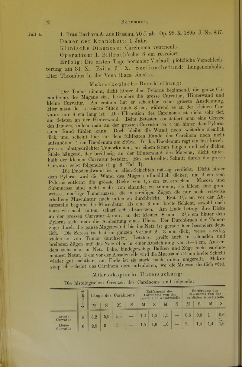 Fall 4. 4. Frau Barbara A. aus Breslau, 70 J. alt. Op. 28. X. 1895. J.-Nr. 837. Dauer der Krankheit: 1 Jahr. Klinische Diagnose: Carcinoma ventriculi. Operation: I. Billroth'sche, 8 cm reseciert. Erfolg: Die ersten Tage normaler Verlauf, plötzliche Verschlech- terung am 31. X. Exitus 31. X. Sectionsbefund: Lungenembolie, alter Thrombus in der Vena iliaca sinistra. Makroskopische Beschreibung: Der Tumor nimmt, dicht hinter dem Pylorus beginnend, die ganze Cir- cumferenz des Magens ein, besonders die grosse Curvatur, Hinterwand und kleine Curvatur. An ersterer hat er scheinbar seine grösste Ausdehnung. Hier misst das resecierte Stück auch 8 cm, während es an der kleinen Cur- vatur nur 6 cm lang ist. Die Ulceration des Carcinoms ist nicht sehr tief, am tiefsten an der Hinterwand. Beim Betasten constatiert man eine Grenze des Tumors, indem man an der grossen Curvatur ca. 4 cm hinter dem Pylorus einen Rand fühlen kann. Doch bleibt die Wand noch weiterhin ziemlich dick, und scheint hier an dem fühlbaren Rande das Carcinom noch nicht aufzuhören. 1 cm Duodenum am Stück. In das Duodenum ragt ein fast kirsch- grosser, plattgedrückter Tumorknoten, an einem 8 mm langen und sehr dicken Stiele hängend, der breitbasig an der Hinterwand des Magens, dicht unter- halb der kleinen Curvatur festsitzt. Ein senkrechter Schnitt durch die grosse Curvatur zeigt folgendes (Fig. 3, Taf. I): Die Duodenarwand ist in allen Schichten mässig verdickt. Dicht hinter dem Pylorus wird die Wand des Magens allmählich dicker, um 2 cm vom Pylorus entfernt die grösste Dicke von 1,5 cm zu erreichen. Mucosa und Submucosa sind nicht mehr von einander zu trennen, sie bilden eine grau- weisse, markige Tumormasse, die in streifigen Zügen die nur noch restweise erhaltene Musculatur nach unten zu durchbricht. Erst 21/* cm vor der Ab- satzstelle beginnt die Musculatur als eine 3 mm breite Schicht, sowohl nach oben wie nach unten, scharf sich abzusetzen. Am Ende betragt ihre Dicke an der grossen Curvatur 4 mm, an der kleinen 8 mm. 21/* cm hinter dem Pylorus sieht man die Andeutung eines Ulcus. Der Durchbruch der Tumor- züge durch die ganze Magenwand bis ins Netz ist gerade hier besonders deut- lich. Die Serosa ist fast im ganzen Verlauf 2—3 mm dick, weiss, streifig, vielerorts von Tumor durchsetzt. Letzterer greift auch in schmalen und breiteren Zügen auf das Netz über in einer Ausdehnung von 3—4 cm. Ausser- dem sieht man im Netz dicke, bindegewebige Balken und Züge nicht carcino- matöser Natur. 2 cm vor der Absatzstelle wird die Mucosa als 2 mm breite Schicht wieder gut sichtbar; am Ende ist sie stark nach unten umgerollt. Makro- skopisch scheint das Carcinom dort aufzuhören, wo die Mucosa deutlich wird. Mikroskopische Untersuchung: Reseciert Läng e des Carcinoms Entfernung; des Carcinoms von der duodenalen Absatzstelle Entfernung des Carcinoms von der cardialen Absatzstelle M S M S M S M S M S M S grosse Curvatur kleine Curvatur 8 6 6,2 2,5 5,9 3 5,5 3 1,2 1,5 1,5 1,6 1,5 1,6 0,6 2 0,6 1,4 1 1,4 0,6 1,6 _