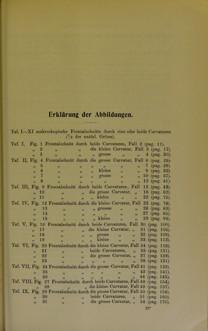 Erklärung der Abbildungen Taf. I—XI makroskopische Frontalschnitte durch eine oder beide Curvaturen (7/8 der natürl. Grösse). Taf. I, Fig. 1 Frontalschnitt durch beide Curvaturen, Fall 2 (pag. 11). „ 2 „ „ die kleine Curvatur, Fall 3 (pag. 17). » 3 „ „ „ grosse „ „ 4 (pag. 20). Taf. II, Fig. 4 Frontalschnitt durch die grosse Curvatur, Fall 6 (pag. 25)« j> 5 » » » » » »> 7 (pag- 29)- „ 6 „ „ „ kleine „ „ 9 (pag. 33). „ grosse „ „ 10 (pag. 37). „ 12 (pag. 41). Taf. III, Fig. 9 Frontalschnitt durch beide Curvaturen, Fall 13 (pag. 43). „10 „ „ die grosse Curvatur, „ 16 (pag. 62). „11 „ „ „ kleine „ „ 22 (pag. 75). Taf. IV, Fig. 12 Frontalschnitt durch die kleine Curvatur, Fall 23 (pag. 78). « 1« » j> » grossse „ „ 26 (pag. 83). 14 „ „ „ „ „ „ 27 (pag. 85). „15 „ ,, ,, kleine „ „ 29 (pag. 94). Taf. V, Fig. 16 Frontalschnitt durch beide Curvaturen, Fall 30 (pag. 100). „17 „ „ die kleine Curvatur, „ 31 (pag. 104). „18 „ „ „ grosse „ „ 32 (pag. 109). „19 „ „ „ kleine „ „33 (pag. 113). Taf. VI, Fig. 20 Frontalschnitt durch die kleine Curvatur, Fall 34 (pag. 116). „21 „ „ beide Curvaturen, „ 35 (pag. 131). „ 22 „ „ die grosse Curvatur, „ 37 (pag. 129). » 23 „ „ „ „ „ „ 38 (pag. 131). Taf. VII, Fig. 24 Frontalschnitt durch die grosse Curvatur, Fall 41 (pag. 139). » 25 „ „ „ „ „ „ 42 (pag. 141). „ 26 „ „ „ „ „ „ 44 (pag. 145). Taf. VIII, Fig. 27 Frontalschnitt durch beide Curvaturen, Fall 48 (pag. 154). „ 28 „ „ die kleine Curvatur, Fall 49 (pag. 157). Taf. IX, Fig. 29 Frontalschnitt durch die grosse Curvatur, Fall 50 (pag. 158). „ 30 „ „ beide Curvaturen, „ 51 (pag. 160). „ 31 „ „ die grosse Curvatur, „ 54 (pag. 170). 23*