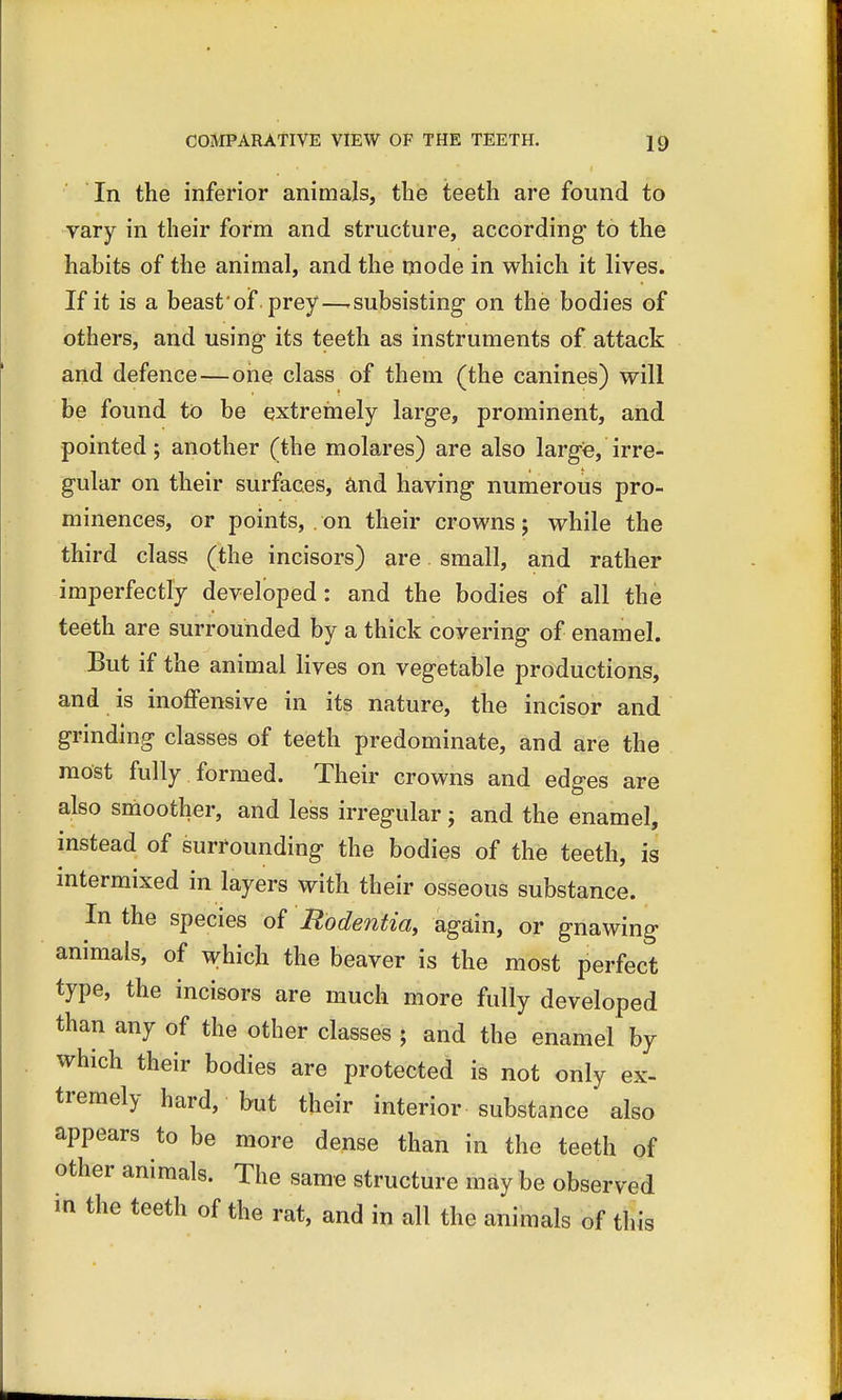 In the inferior animals, the teeth are found to vary in their form and structure, according to the habits of the animal, and the mode in which it lives. If it is a beast'of prey—-subsisting on the bodies of others, and using its teeth as instruments of attack and defence—one class of them (the canines) will be found to be extremely large, prominent, and pointed; another (the molares) are also large, irre- gular on their surfaces, and having numerous pro- minences, or points, . on their crowns; while the third class (the incisors) are small, and rather imperfectly developed: and the bodies of all the teeth are surrounded by a thick covering of enamel. But if the animal lives on vegetable productions, and is inoffensive in its nature, the incisor and grinding classes of teeth predominate, and are the most fully formed. Their crowns and edges are also smoother, and less irregular j and the enamel, instead of surrounding the bodies of the teeth, is intermixed in layers with their osseous substance. In the species of Rodentia, again, or gnawing animals, of which the beaver is the most perfect type, the incisors are much more fully developed than any of the other classes ; and the enamel by which their bodies are protected is not only ex- tremely hard, but their interior substance also appears to be more dense than in the teeth of other animals. The same structure may be observed in the teeth of the rat, and in all the animals of this