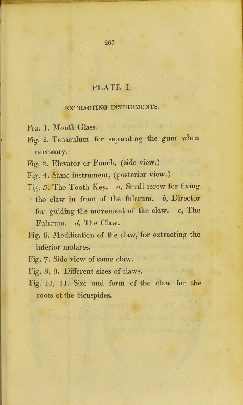 PLATE I. EXTRACTING INSTRUMENTS. Fig. 1. Mouth Glass. Fig. 2. Tenaculum for separating- the gum when necessary. Fig. 3. Elevator or Punch, (side view.) Fig. 4. Same instrument, (posterior view.) Fig. 5. The Tooth Key. a, Small screw for fixing the claw in front of the fulcrum. 5, Director for guiding the movement of the claw, c, The Fulcrum, d, The Claw. Fig. 6. Modification of the claw, for extracting the inferior molares. Fig. 7« Side view of same claw. Fig. 8, 9. Different sizes of claws. Fig. 10, 11. Size and form of the claw for the roots of the bicuspides.